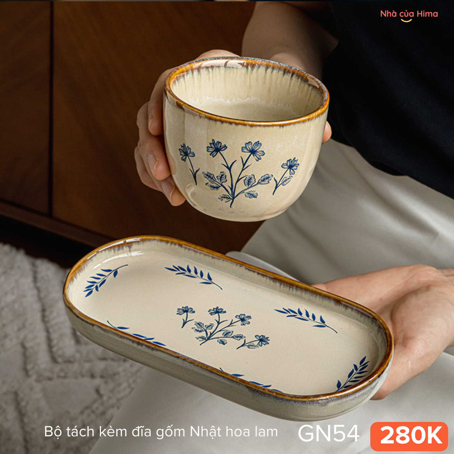 Bộ tách kèm đĩa gốm Nhật hoa lam