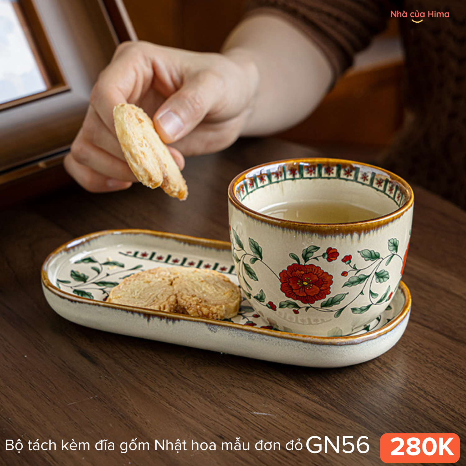 Bộ tách kèm đĩa gốm Nhật hoa mẫu đơn đỏ