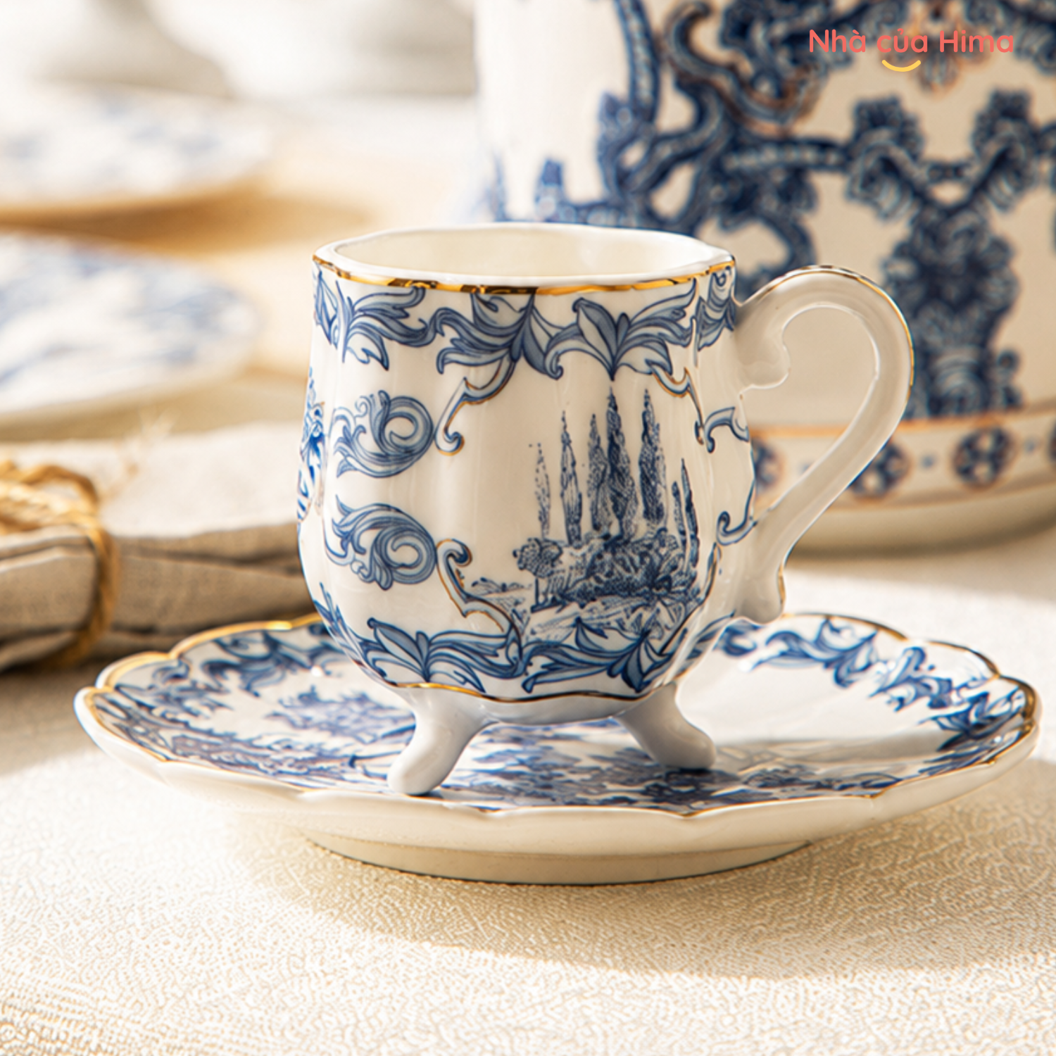 Bộ tách trà chân kiệu cao Blue & White phong cách Thổ Nhĩ Kì