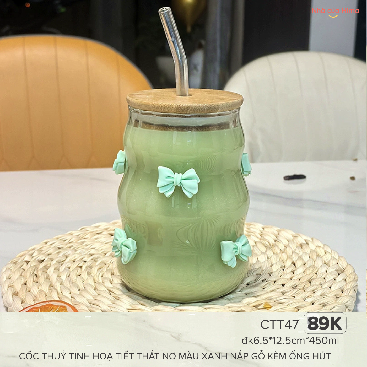 Cốc thuỷ tinh hoạ tiết nơ màu xanh nắp gỗ kèm ống hút CTT47