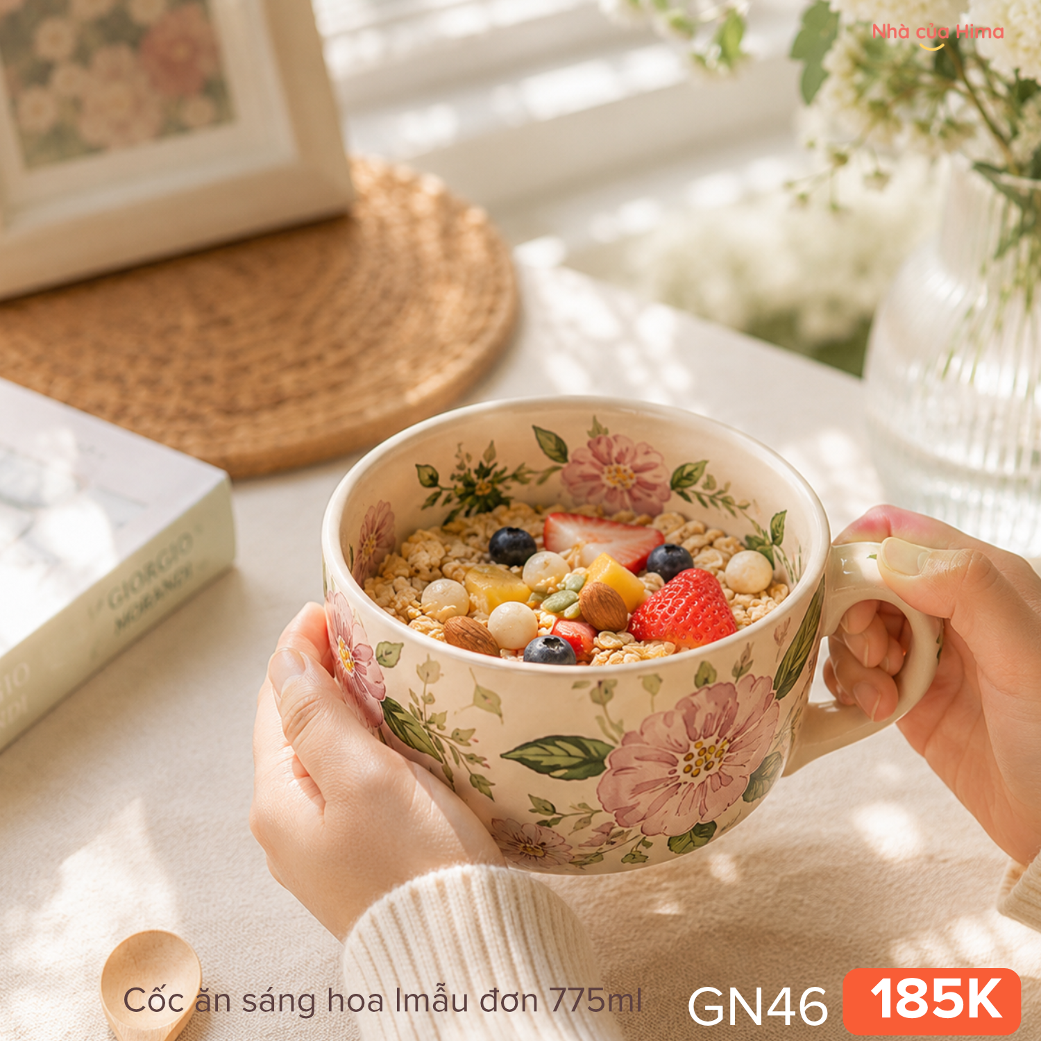 Cốc ăn sáng hoa mẫu đơn hồng nền kem 775ml Y.S52