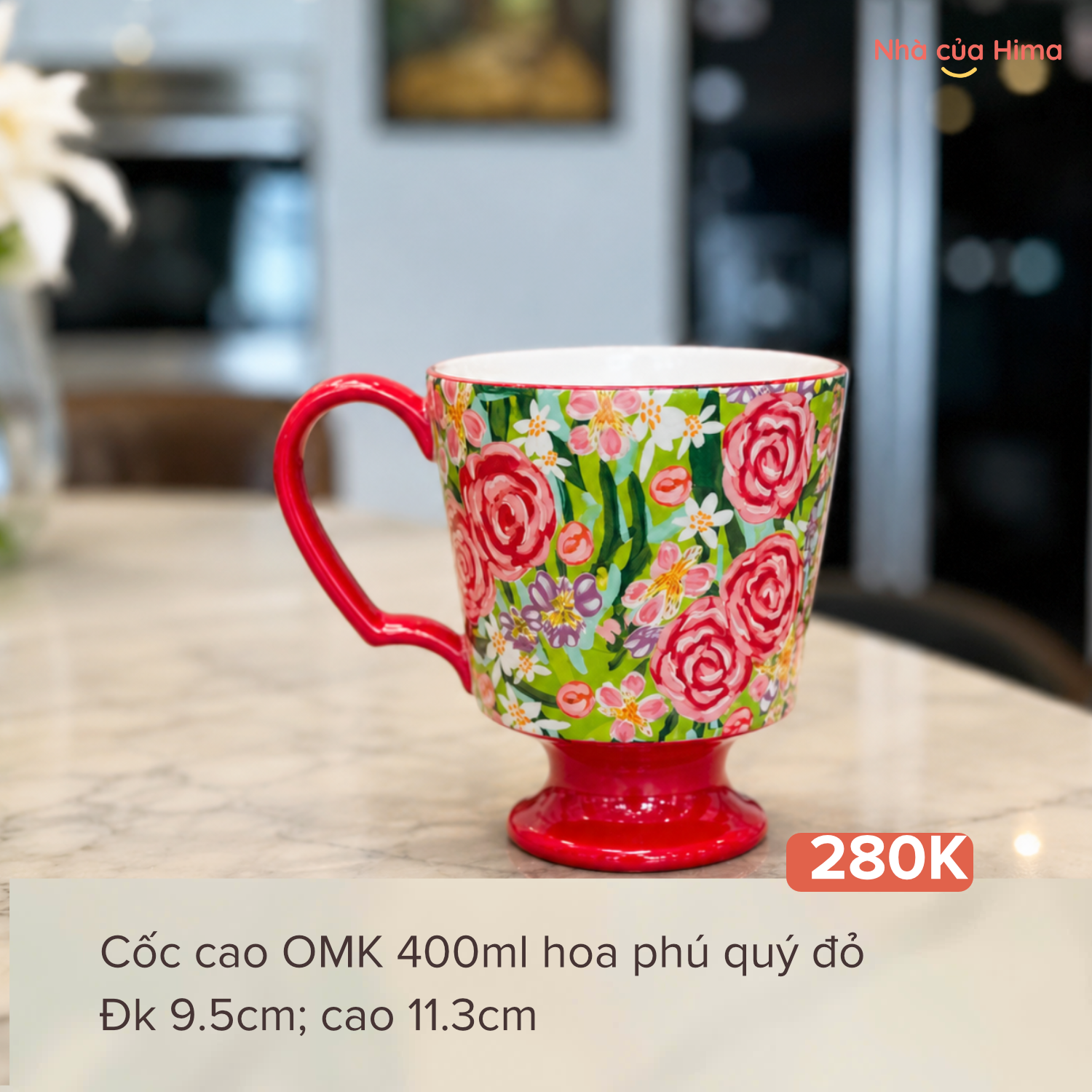Cốc cao OMK 400ml hoa phú quý đỏ