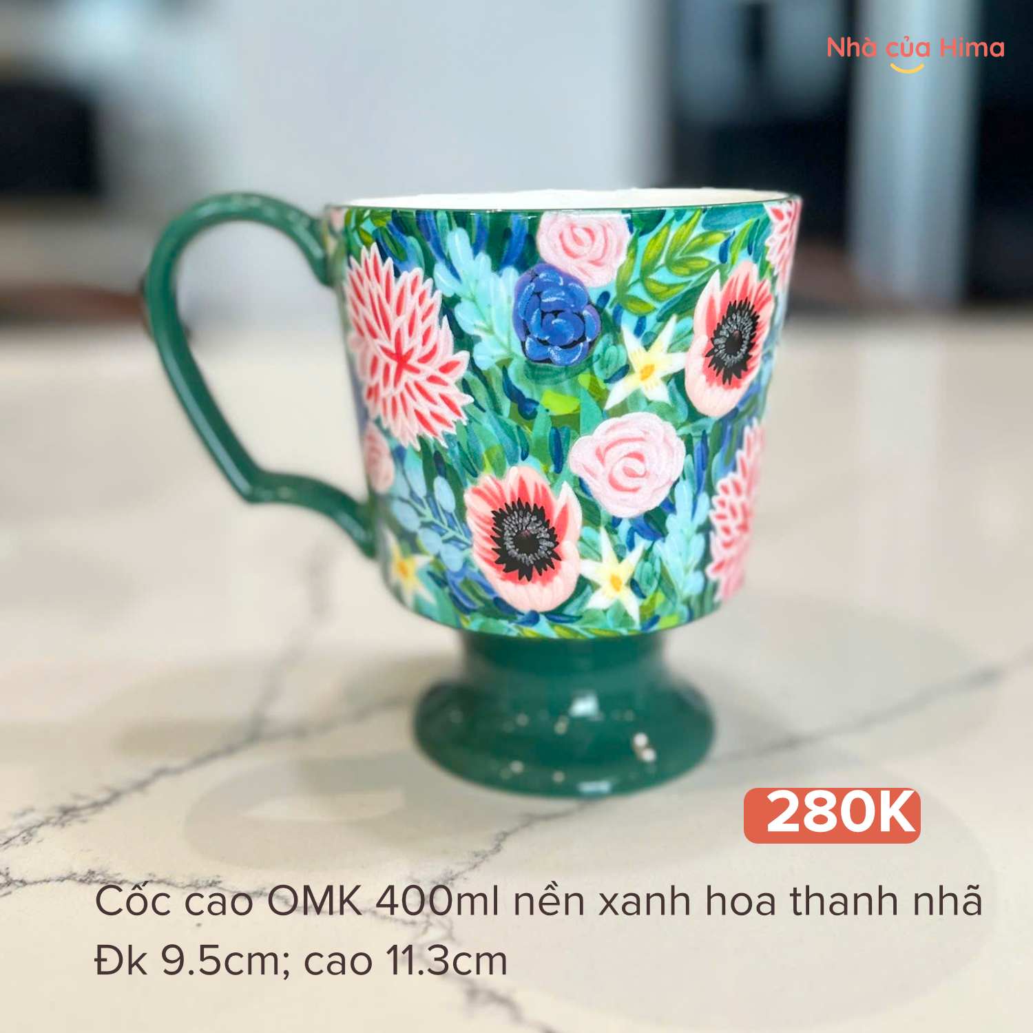 Cốc cao OMK 400ml nền xanh hoa thanh nhã