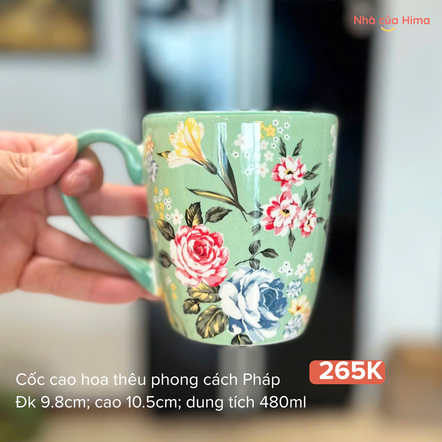 Cốc cao hoa thêu OMK phong cách Pháp đk 9.8cm; cao 10.5; dung tích 480ml