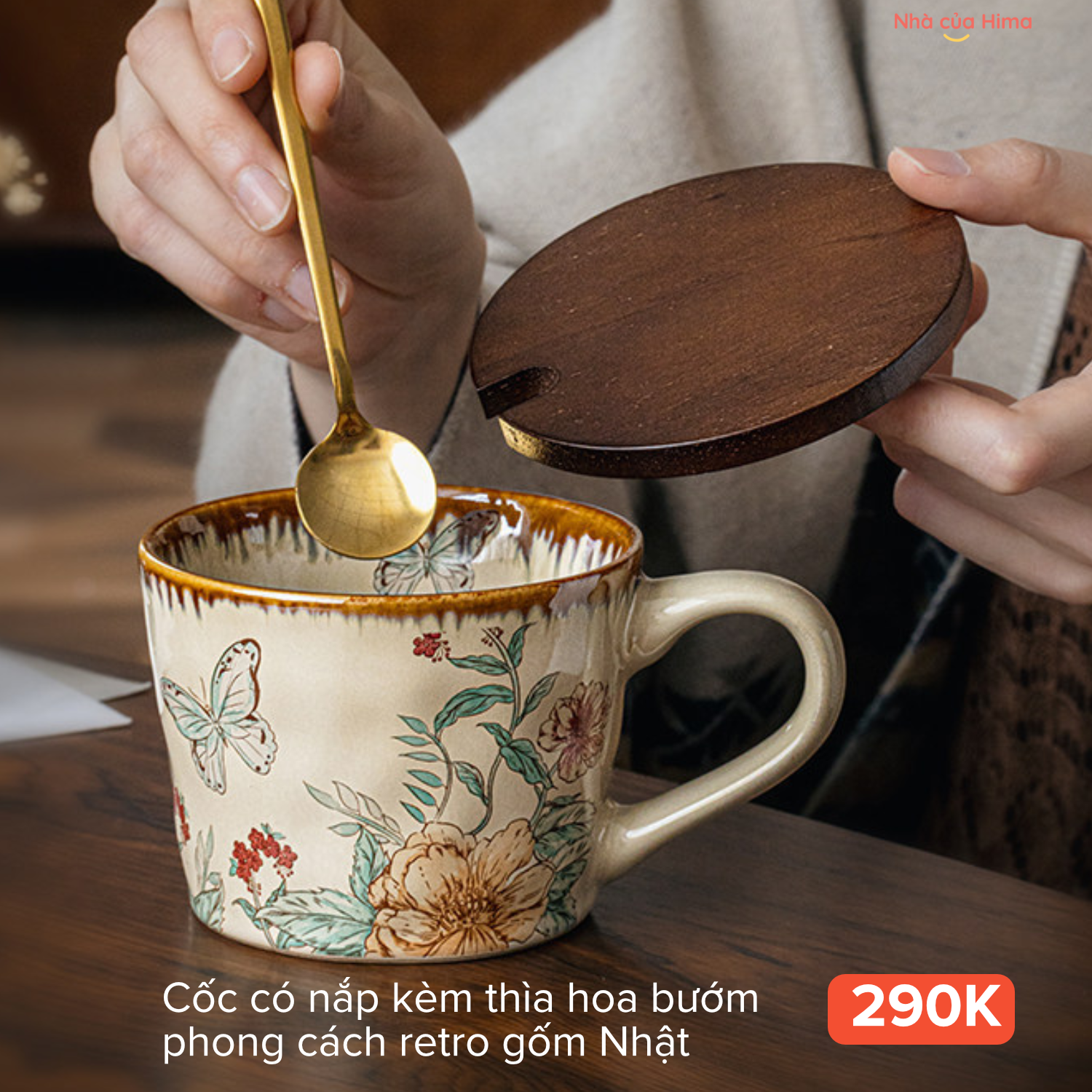 Cốc có nắp kèm thìa hoa bướm phong cách retro gốm Nhật