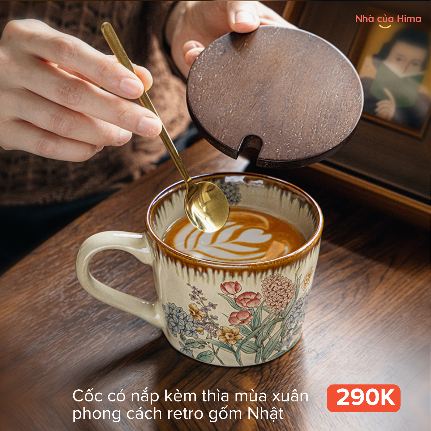 Cốc có nắp kèm thìa mùa xuân phong cách retro gốm Nhật