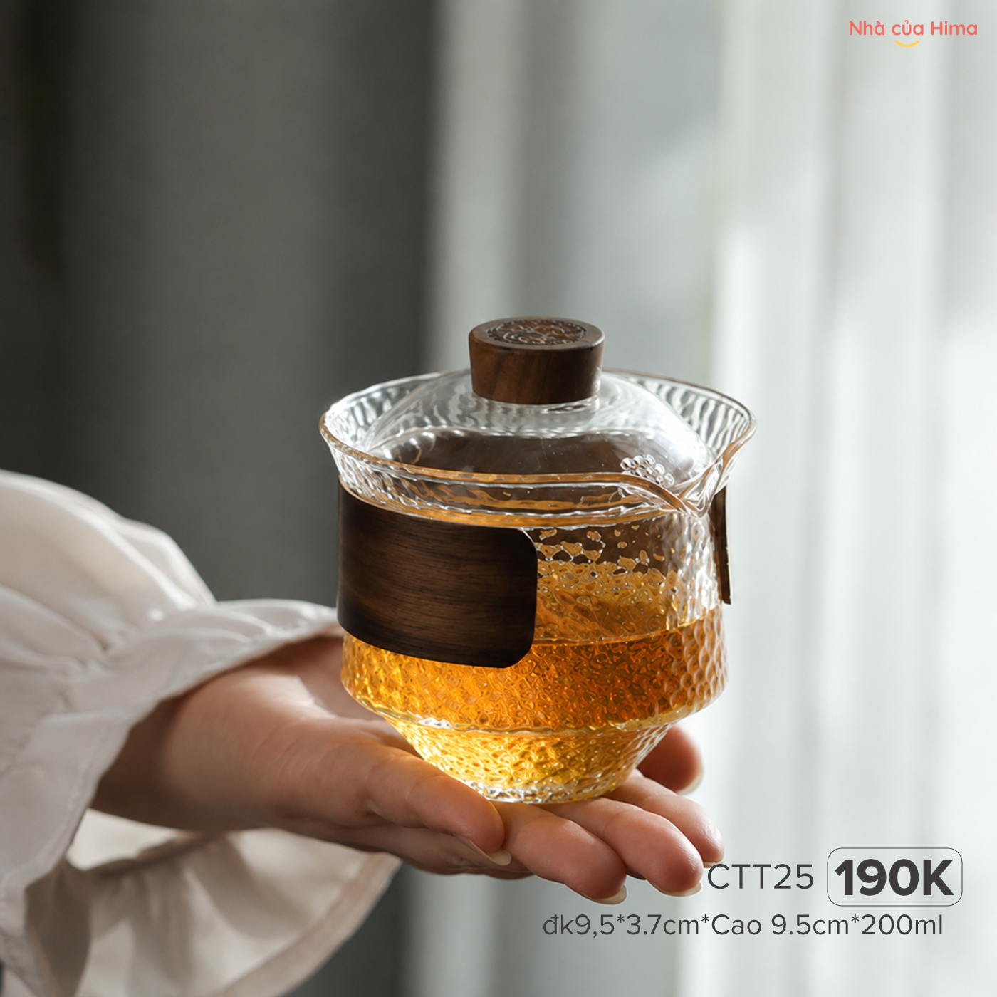 Cốc lọc trà thuỷ tinh bọc gỗ óc chó vân sần