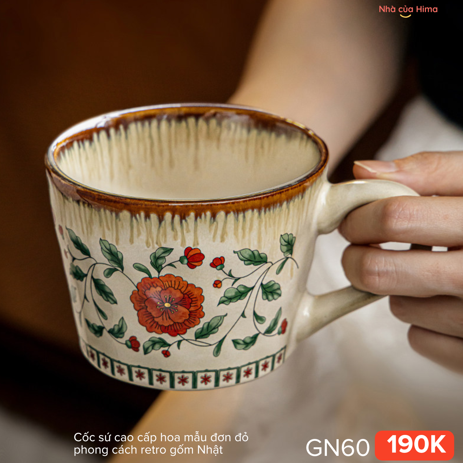 Cốc sứ cao cấp hoa mẫu đơn đỏ phong cách retro gốm Nhật 6Y.S15