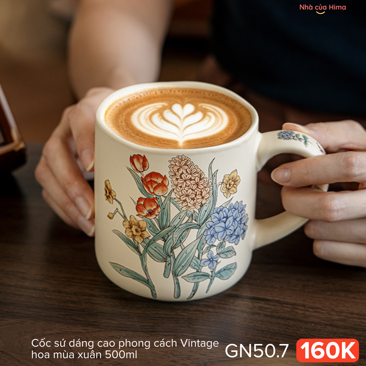 Cốc sứ dáng cao phong cách Vintage hoa mùa xuân 500ml 28Y.S47