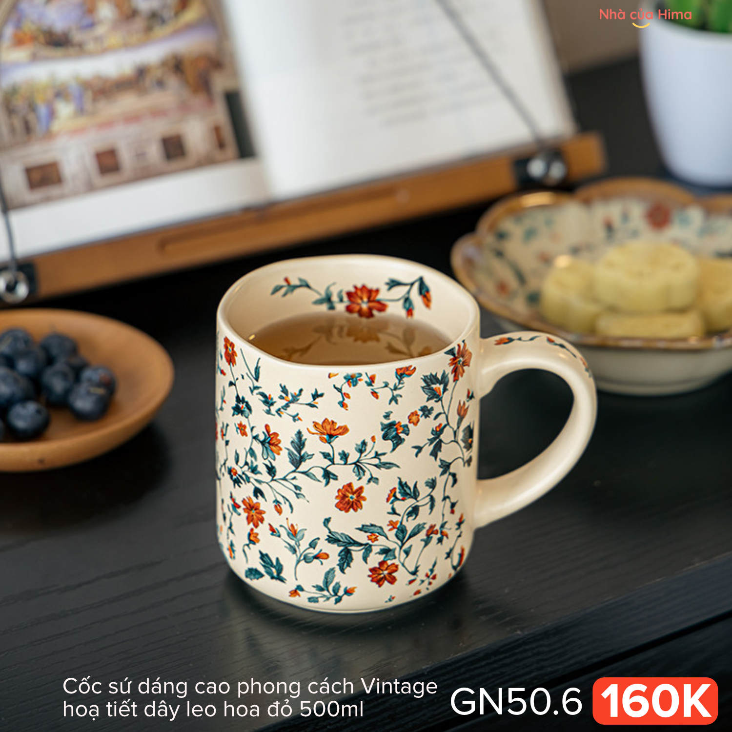 Cốc sứ dáng cao phong cách Vintage hoạ tiết dây leo hoa đỏ 500ml 28Y.S52
