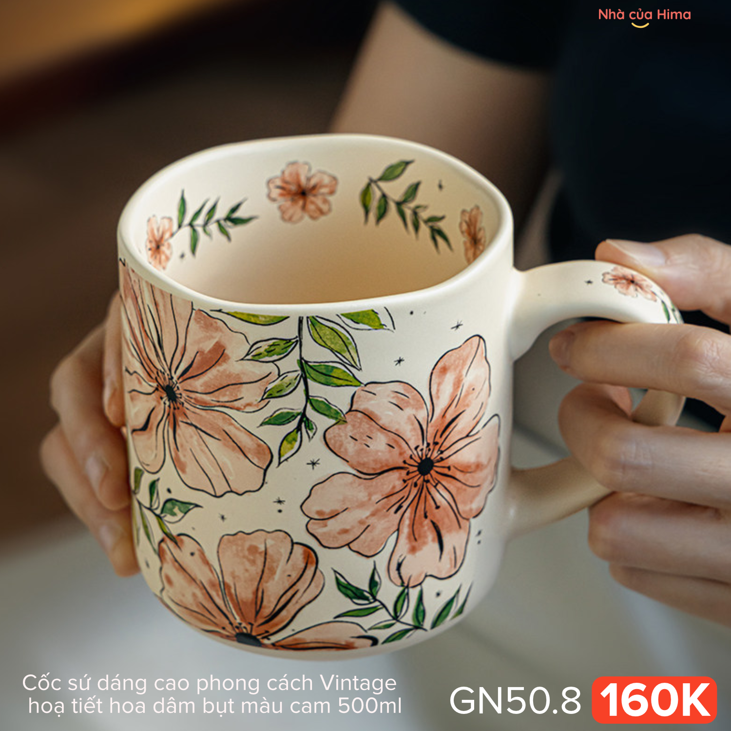 Cốc sứ dáng cao phong cách Vintage hoạ tiết hoa dâm bụt màu cam 500ml 28Y.S51