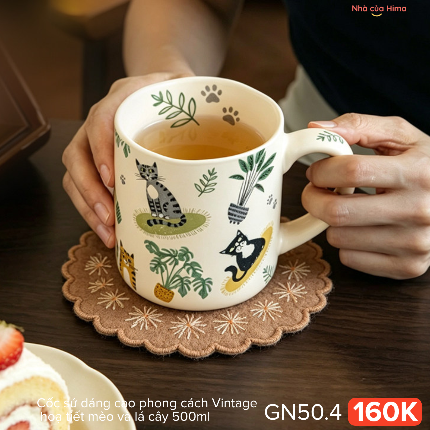Cốc sứ dáng cao phong cách Vintage hoạ tiết mèo và lá cây 500ml 28Y.S32