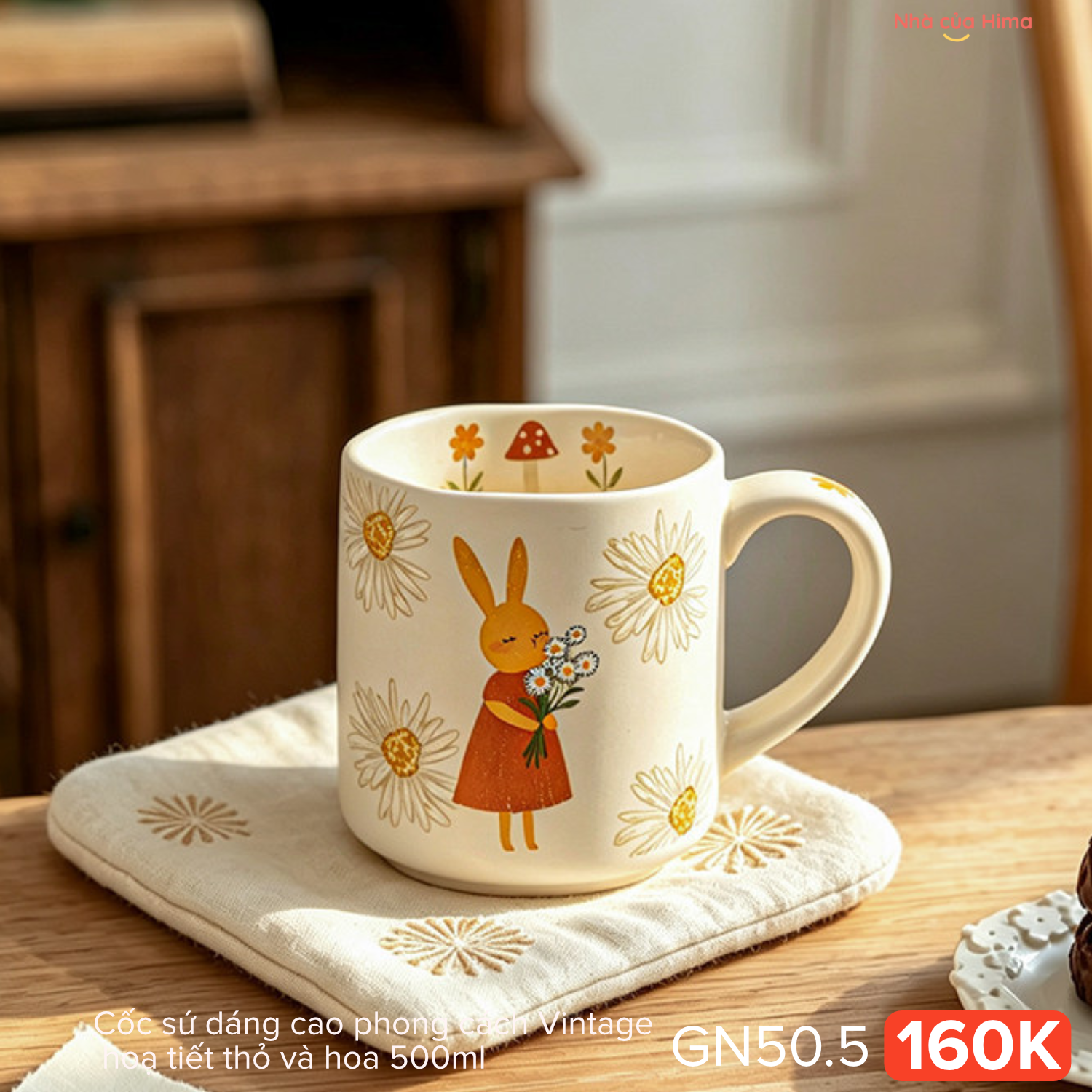 Cốc sứ dáng cao phong cách Vintage hoạ tiết thỏ và hoa 500ml 28Y.S39