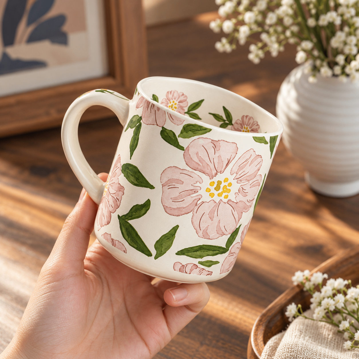 Cốc sứ hoa dâm bụt hồng dáng cao phong cách Vintage dáng thẳng 500ml 5Y.S54