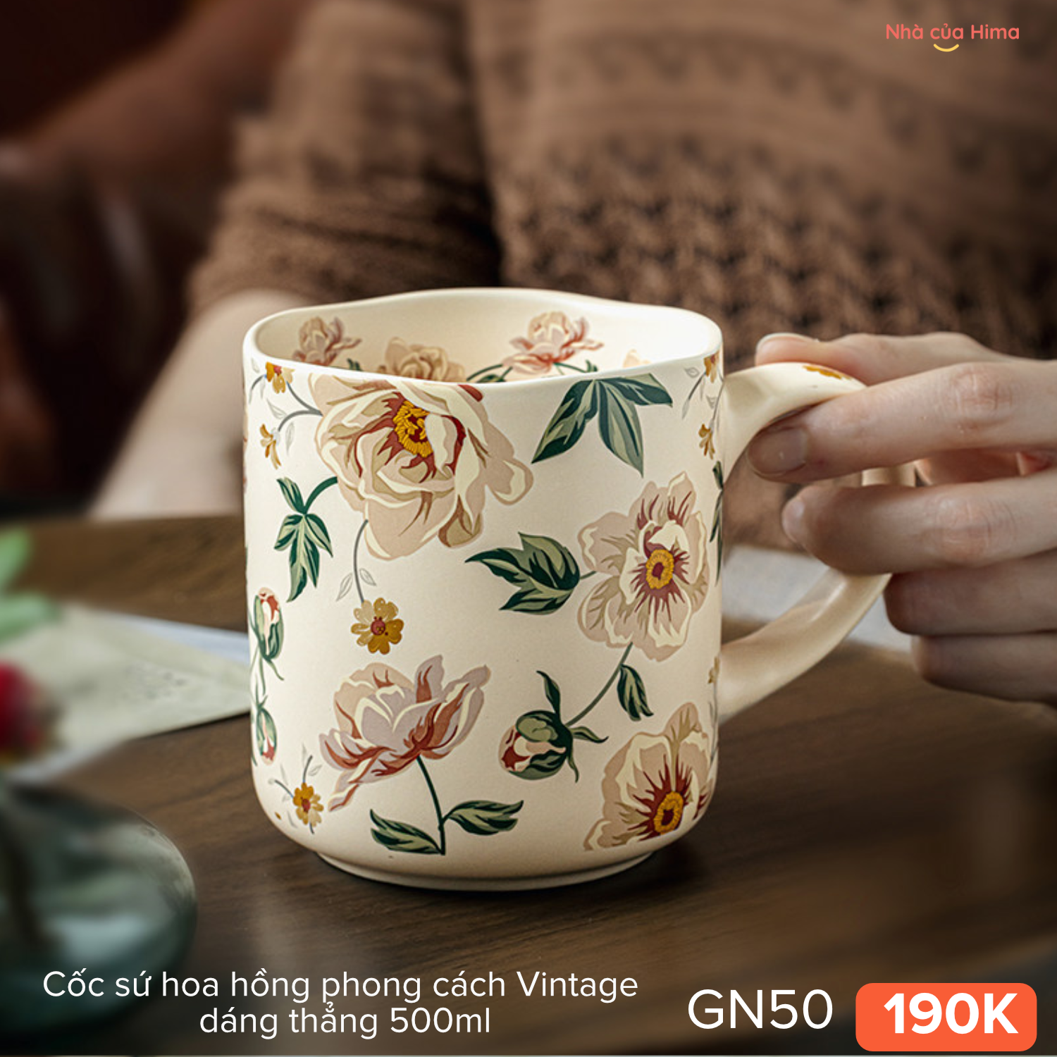 Cốc sứ hoa hồng phong cách Vintage dáng thẳng 500ml GN50 7Y.S36