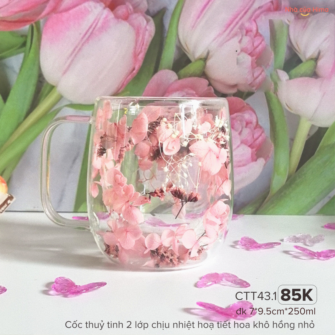 Cốc thuỷ tinh 2 lớp chịu nhiệt hoạ tiết hoa khô hồng nhỏ CTT43.1