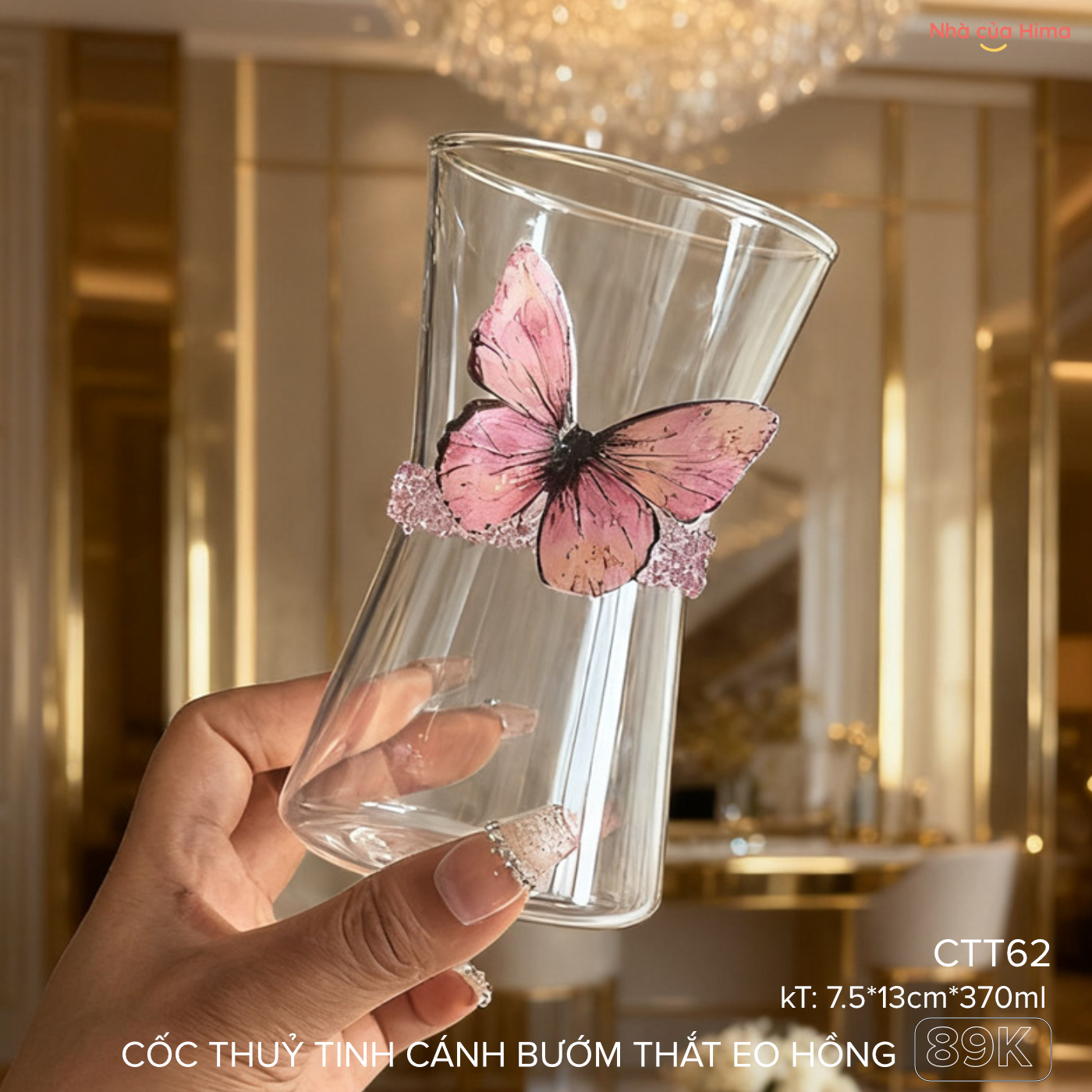 Cốc thuỷ tinh cánh bướm thắt eo hồng 370ml CTT62