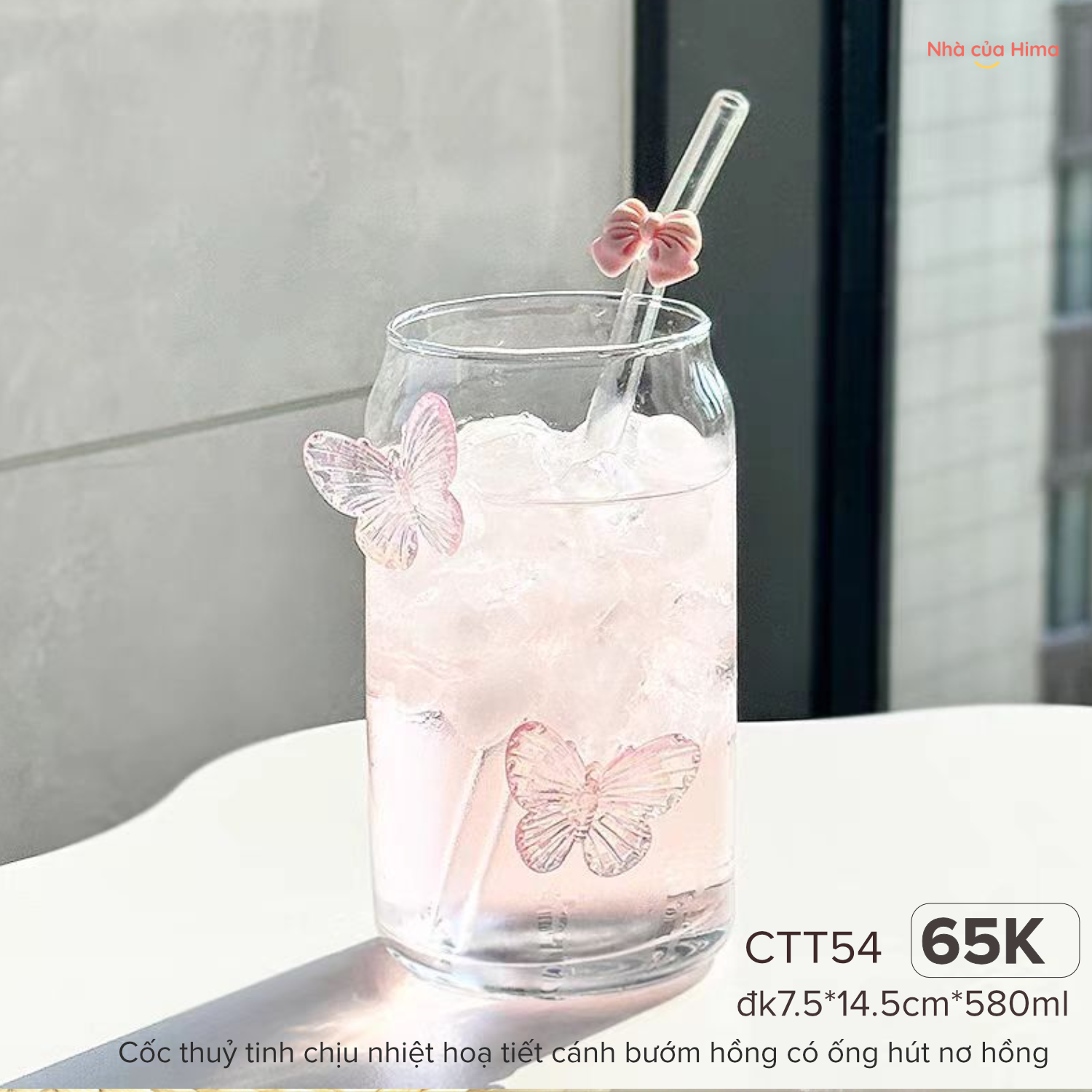 Cốc thuỷ tinh chịu nhiệt hoạ tiết cánh bướm hồng có ống hút CTT54