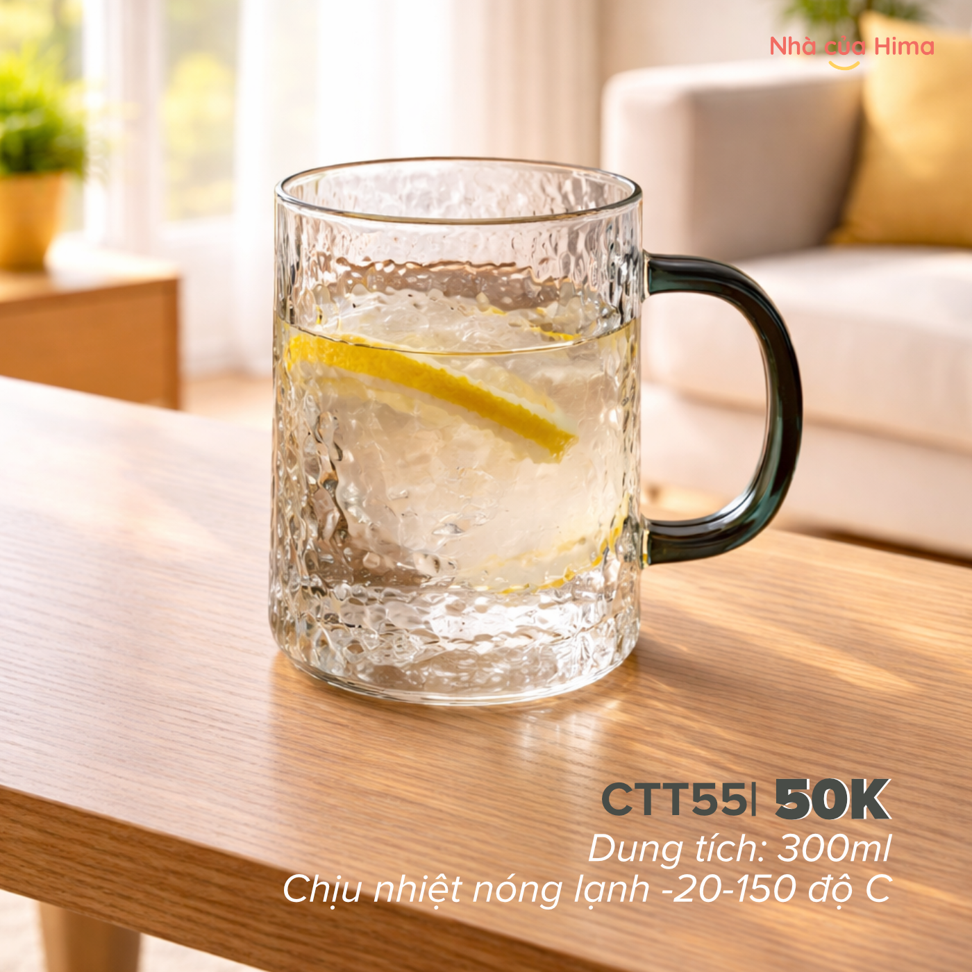 Cốc thuỷ tinh chịu nhiệt nóng lạnh vân sần hình vỏ cây quai xanh 300ml CTT55