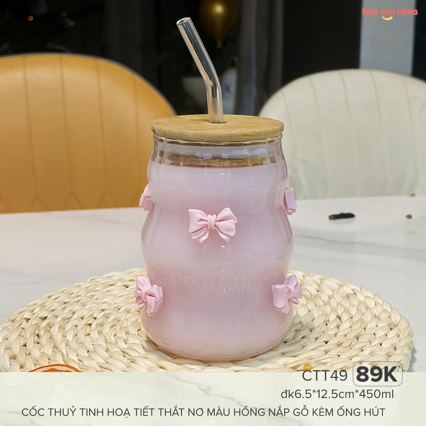 Cốc thuỷ tinh hoạ tiết nơ màu hồng nắp gỗ kèm ống hút CTT49