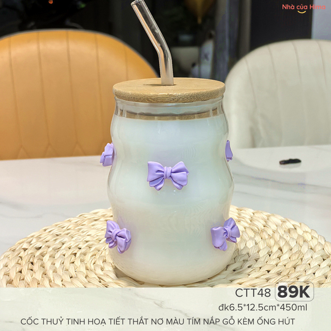 Cốc thuỷ tinh hoạ tiết nơ màu tím nắp gỗ kèm ống hút CTT48