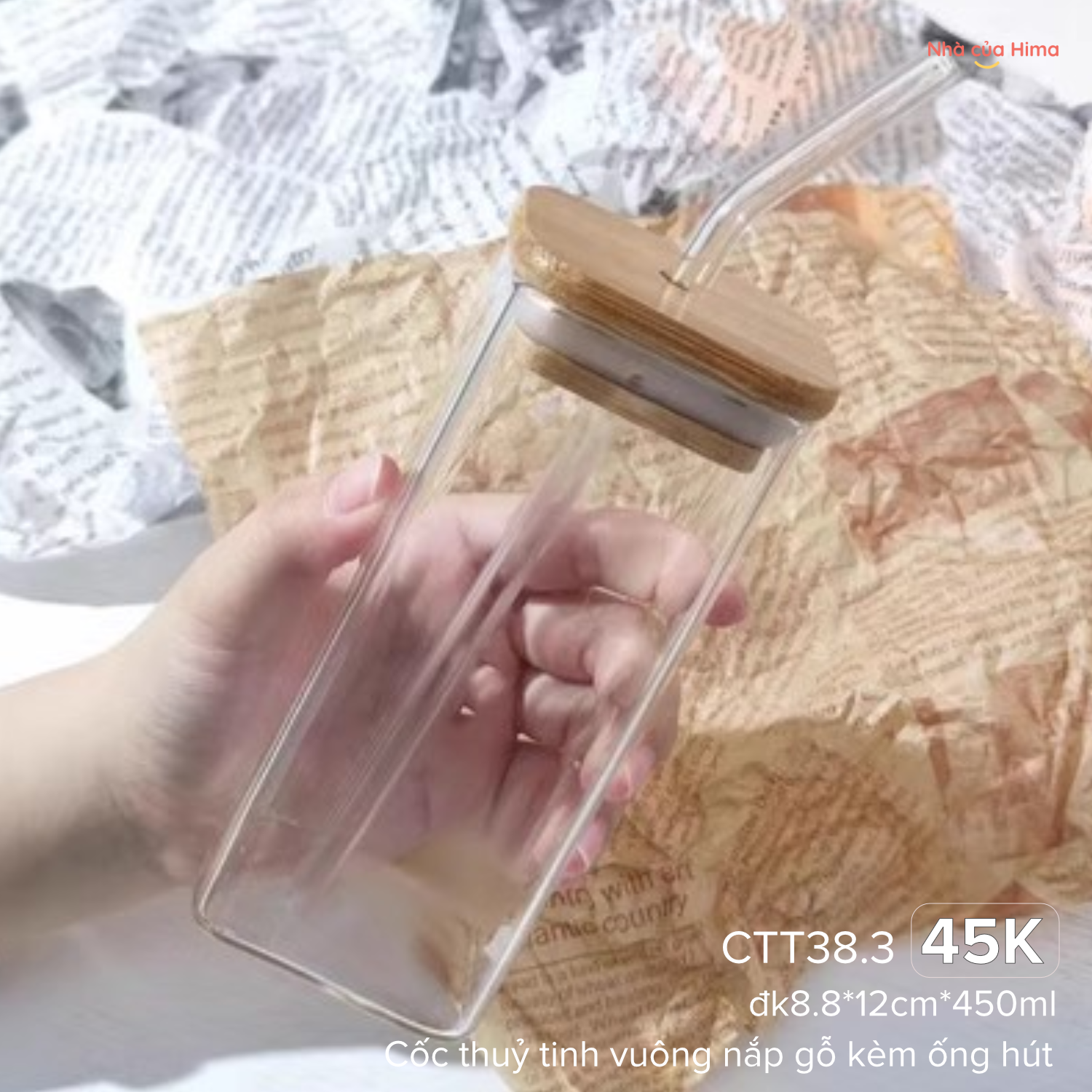 Cốc thuỷ tinh vuông nắp gỗ kèm ống hút