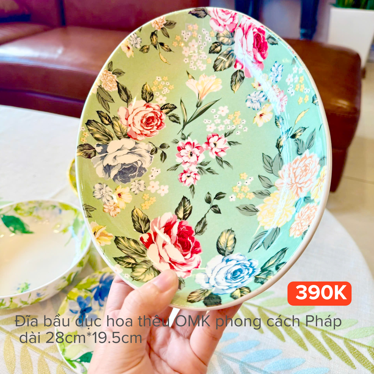 Đĩa bầu dục hoa thêu OMK phong cách Pháp dài 28cm*19.5cm