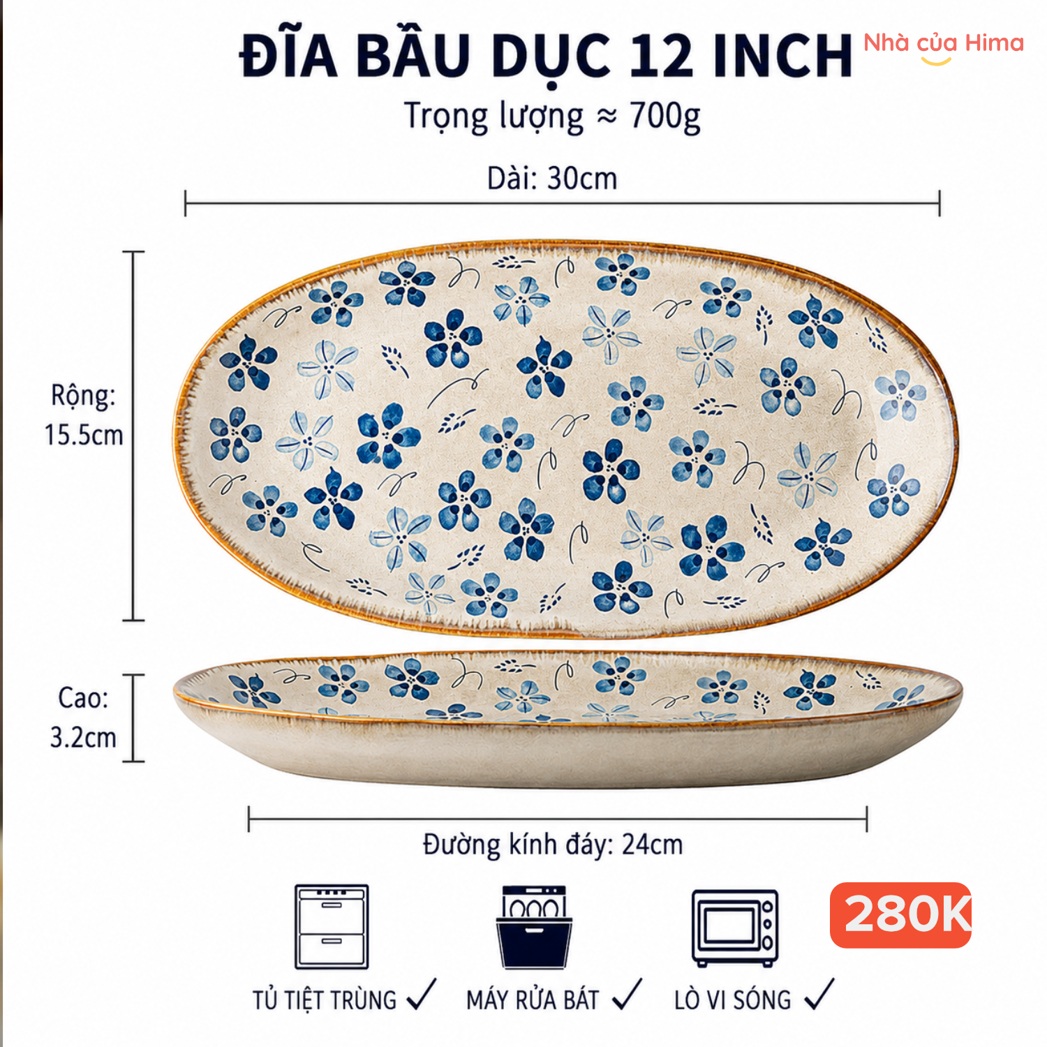 Đĩa bầu dục sz 12 inch- hoa thanh lam gốm Nhật 14.P25