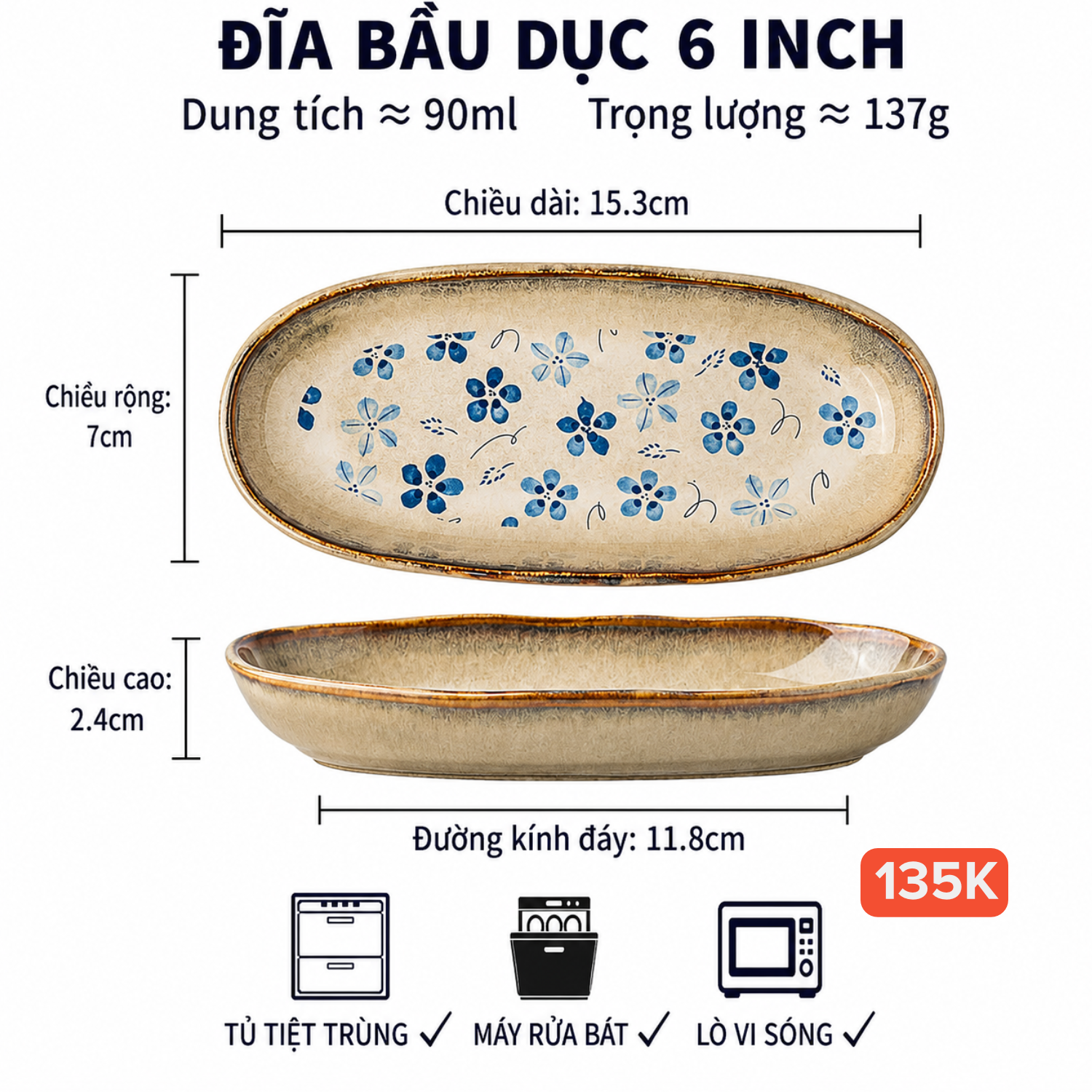 Đĩa bầu dục sz 6 inch- hoa thanh lam gốm Nhật 11.P24