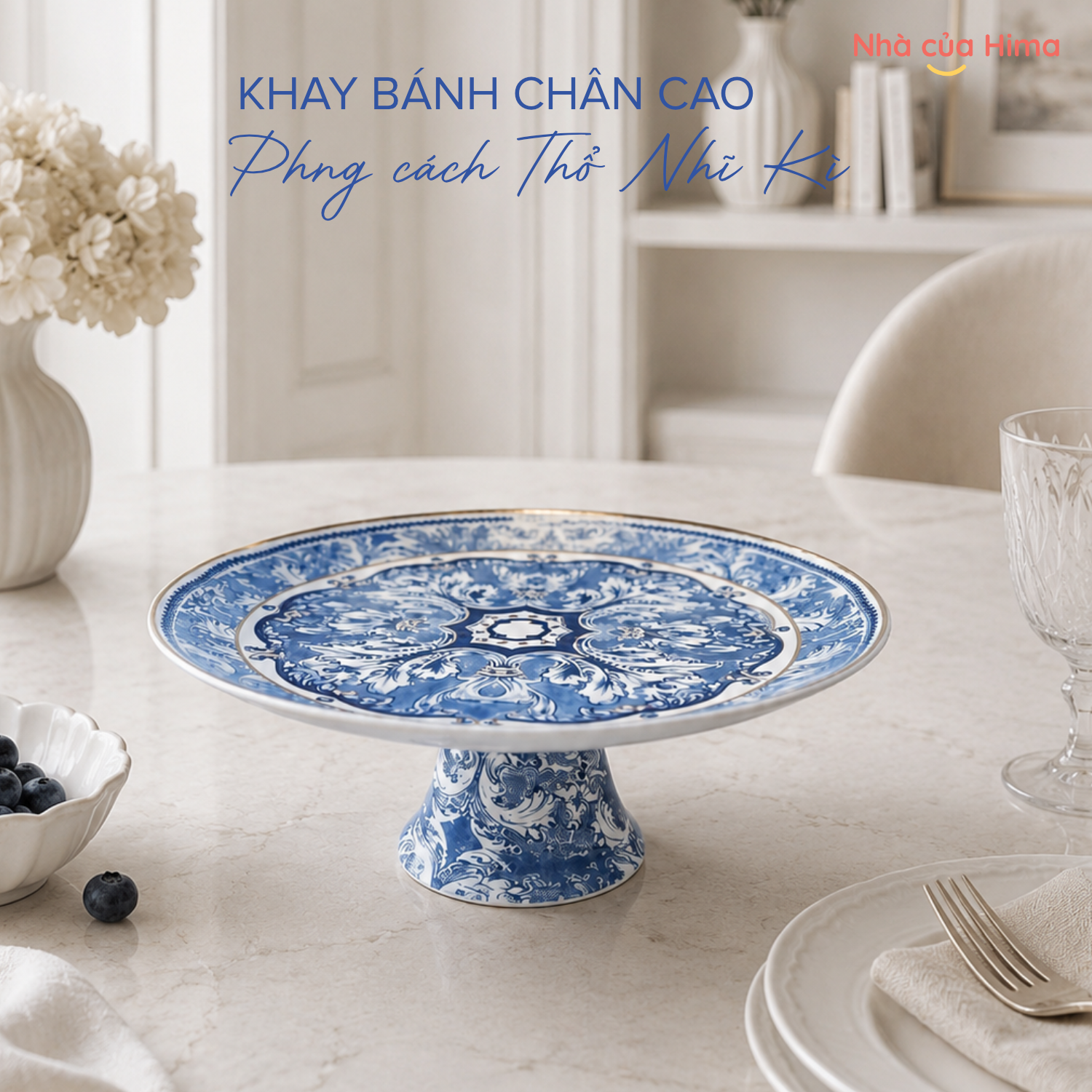 Đĩa chân cao Blue & White phong cách Thổ Nhĩ Kì