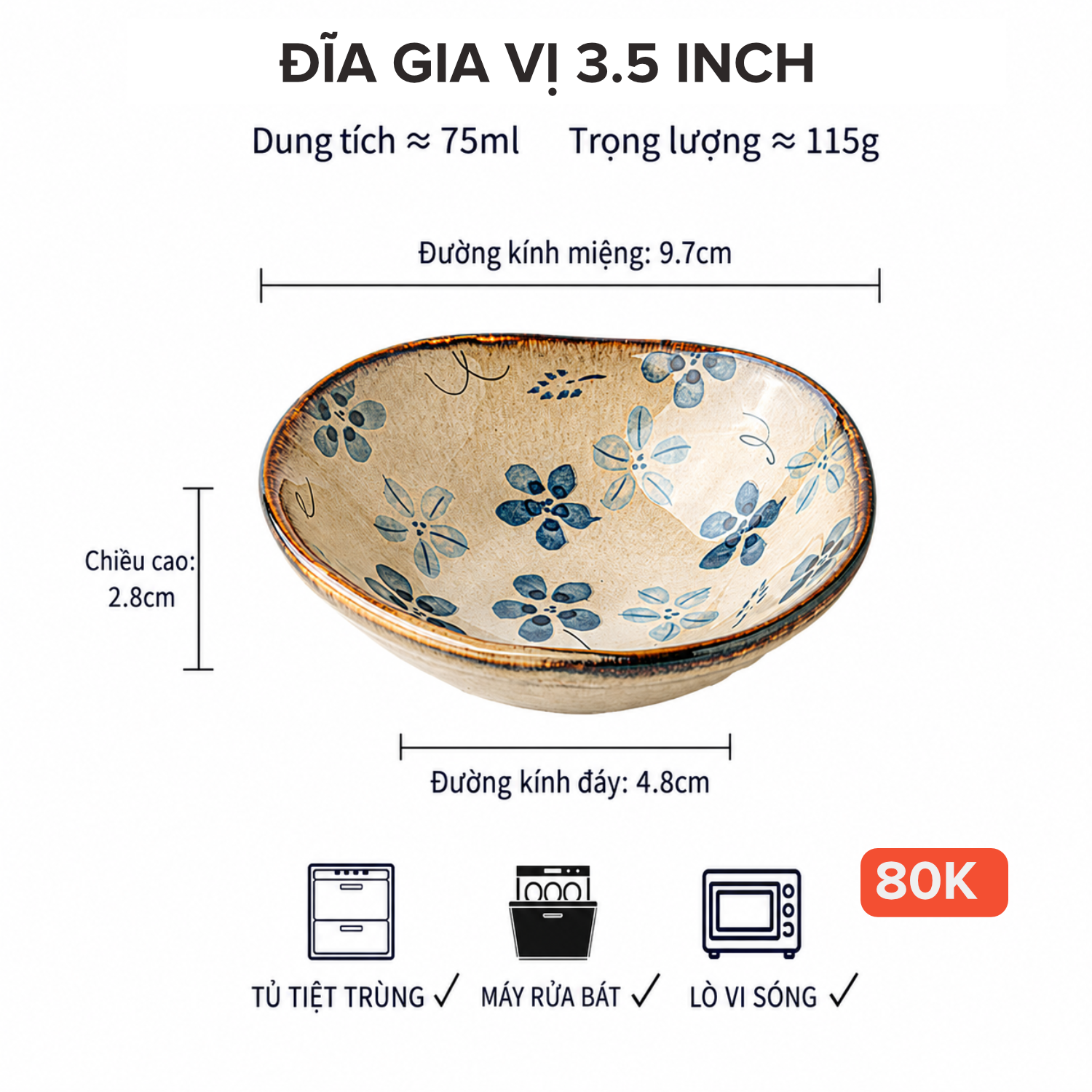 Đĩa gia vị 3.5 inch hoa thanh lam gốm Nhật 07.P35