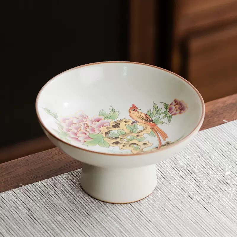 Đĩa gốm bàn trà chân cao Trĩ Điểu Mẫu Đơn KT28