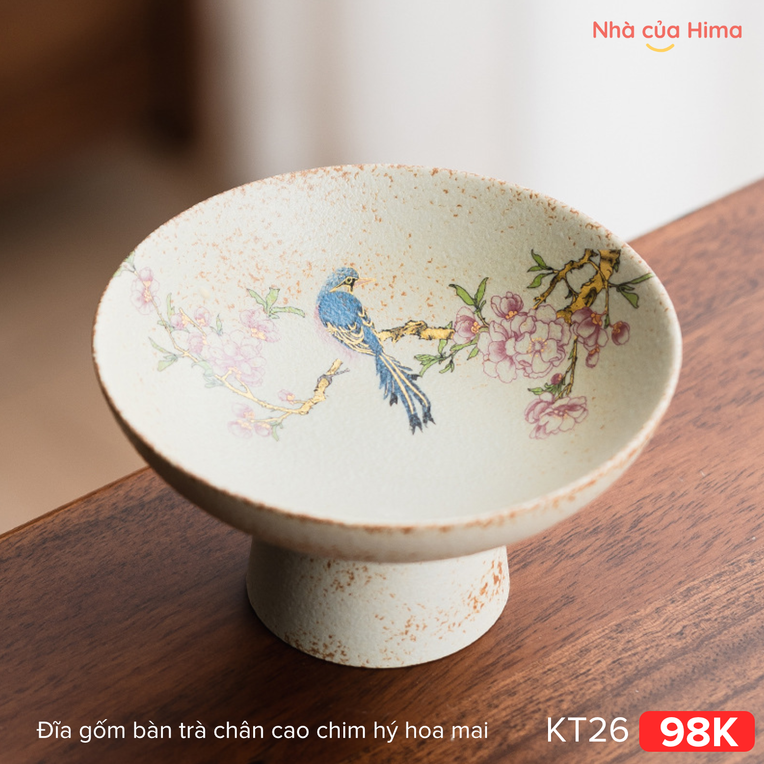 Đĩa gốm bàn trà chân cao chim hý hoa mai KT26