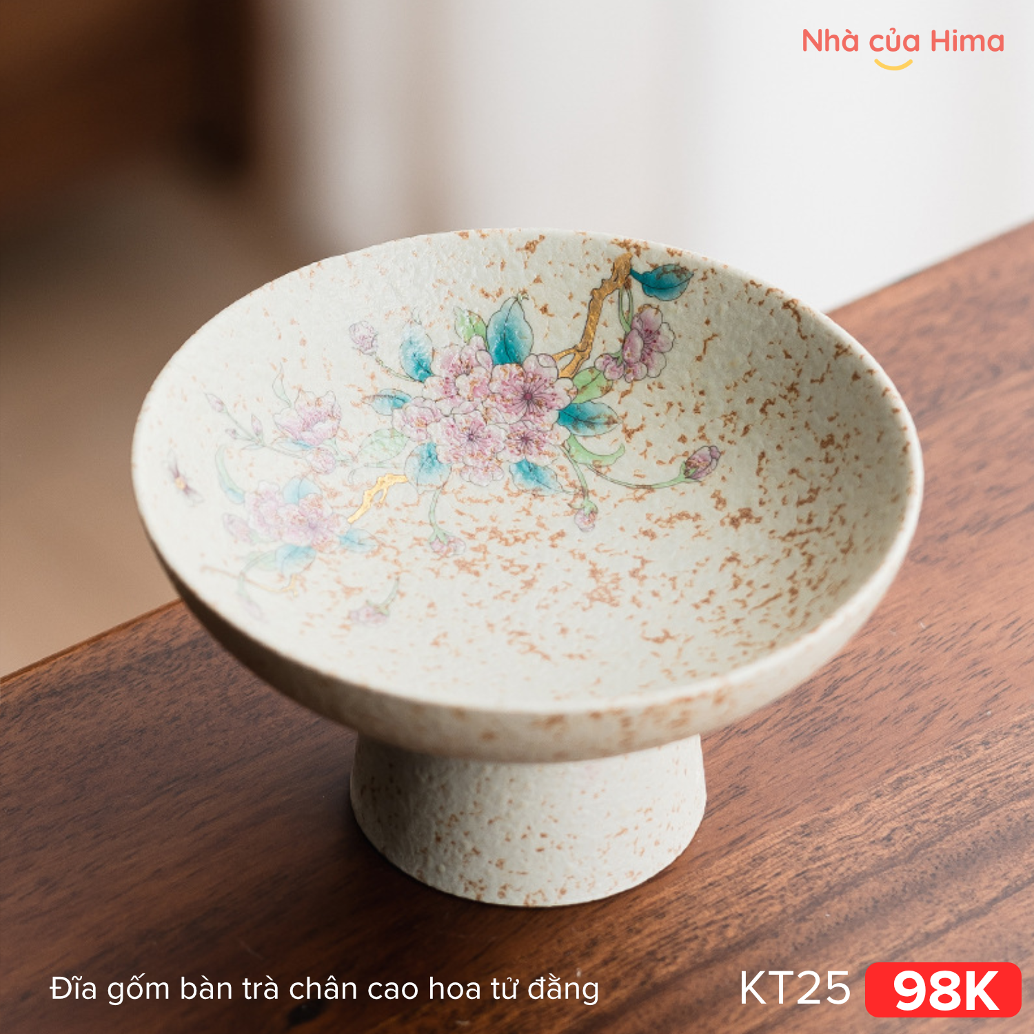 Đĩa gốm bàn trà chân cao hoa tử đằng KT25