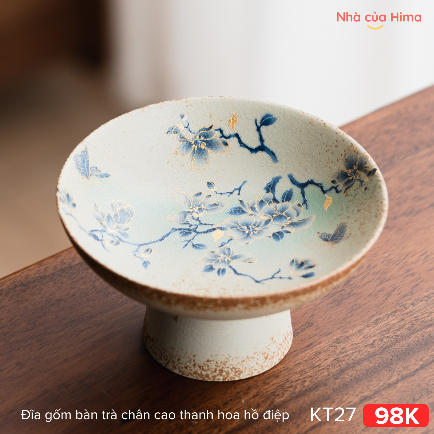Đĩa gốm bàn trà chân cao thanh hoa hồ điệp KT27