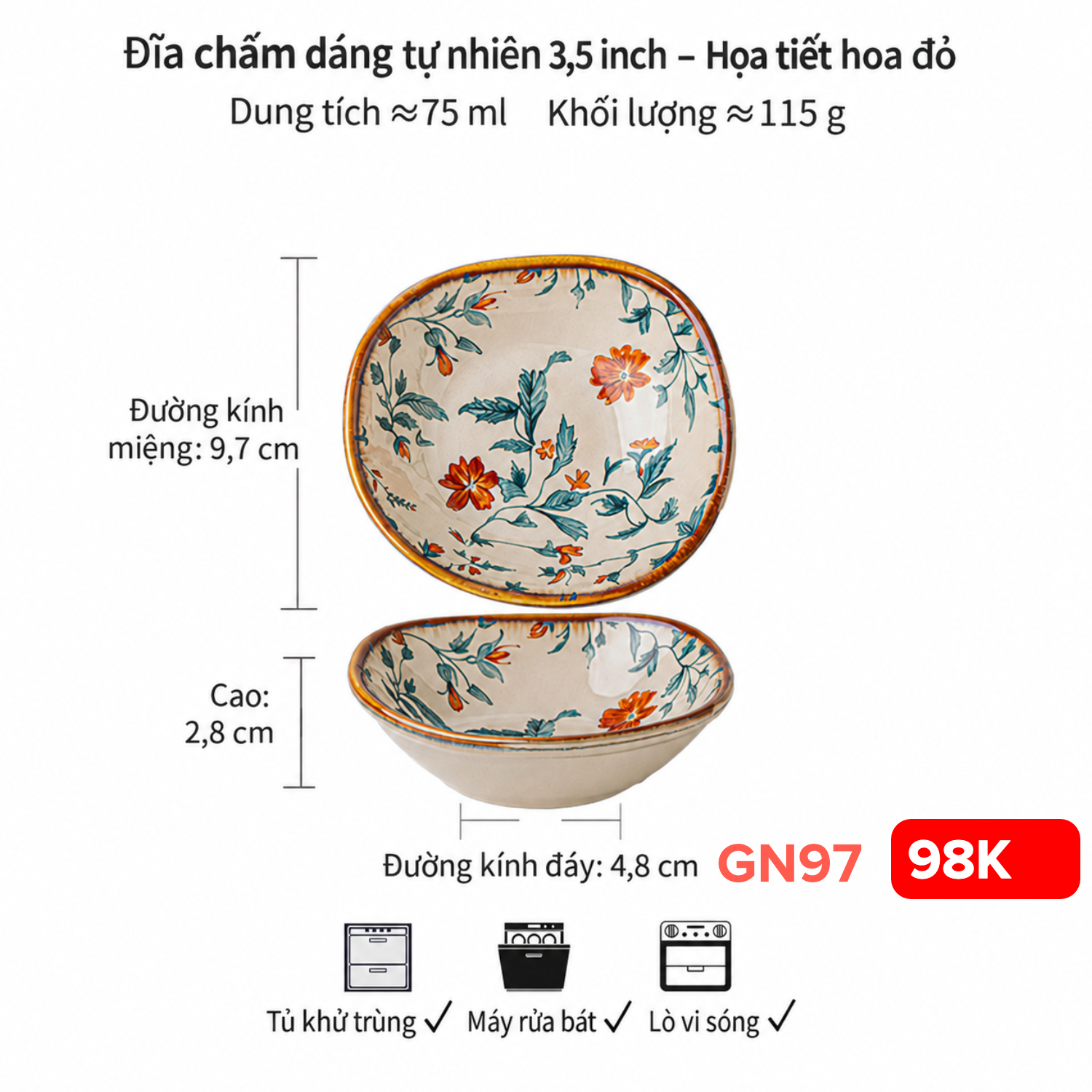 Đĩa hoa 3,5inch dây leo hoa đỏ gốm Nhật 9,7*2,8cm*75ml 29.P51