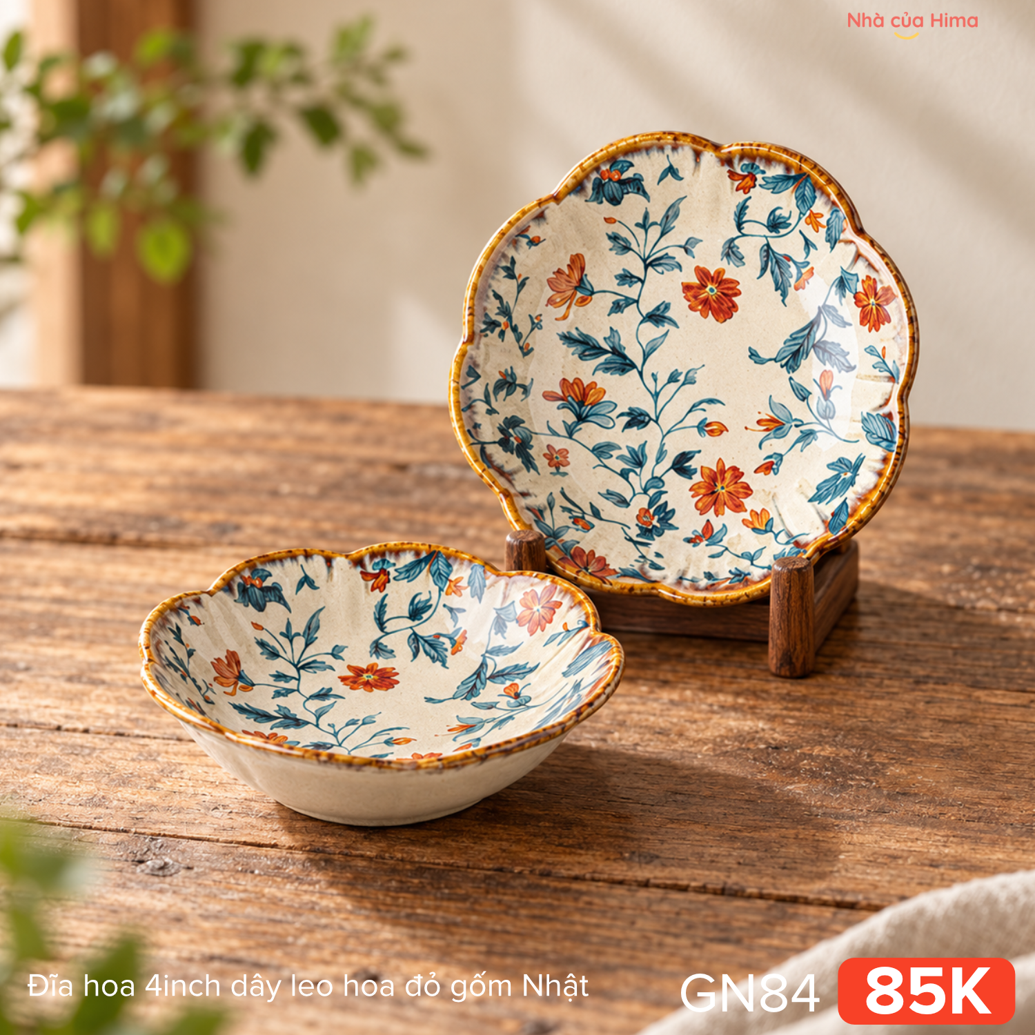 Đĩa hoa 4inch dây leo hoa đỏ gốm Nhật