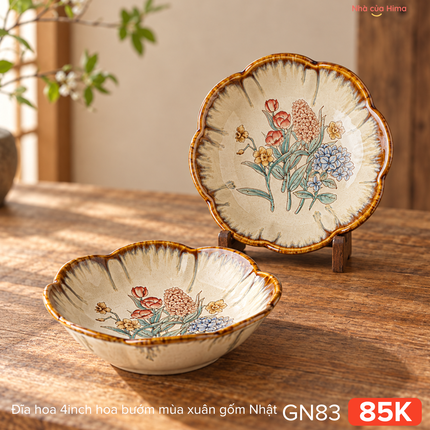Đĩa hoa 4inch hoa bướm mùa xuân gốm Nhật
