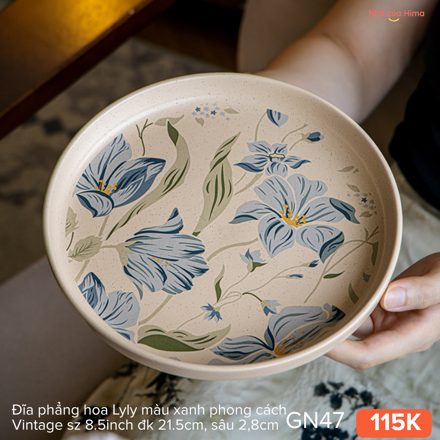 Đĩa phẳng hoa Lyly màu xanh phong cách Vintage sz 8.5inch đk 21.5cm, sâu 2,8cm 07.P15