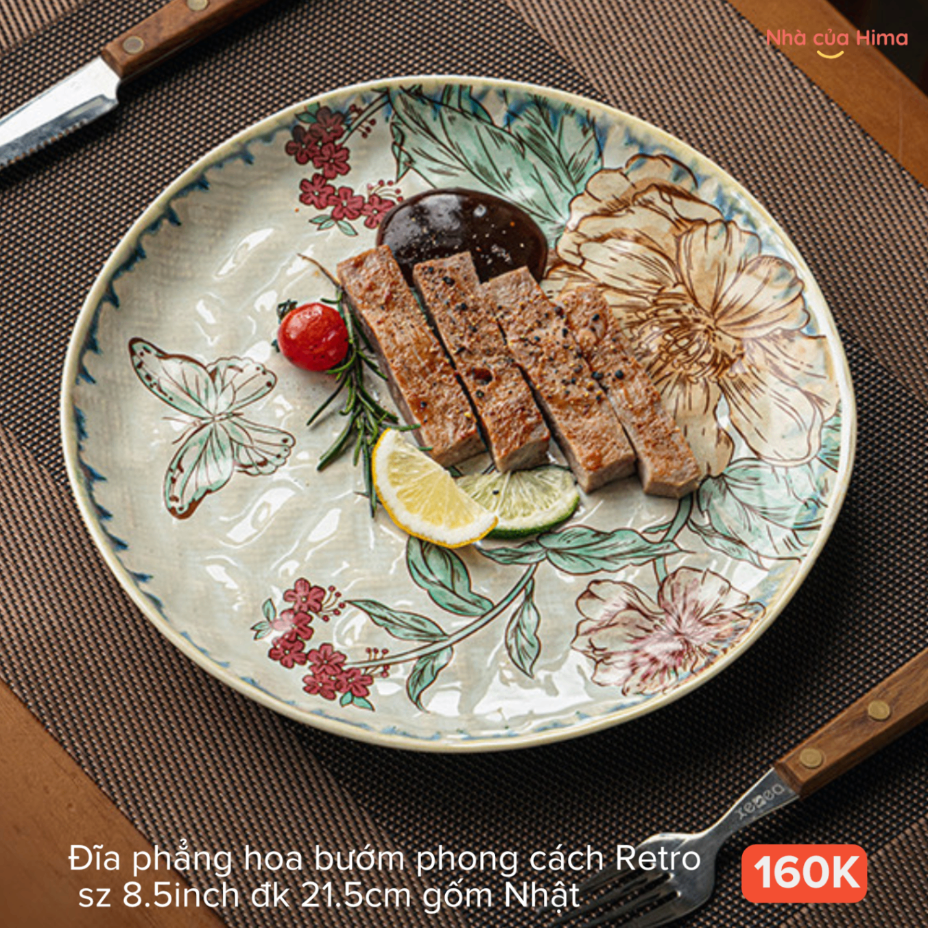 Đĩa phẳng hoa bướm phong cách Retro sz 8.5inch đk 21.5cm gốm Nhật 27.P27