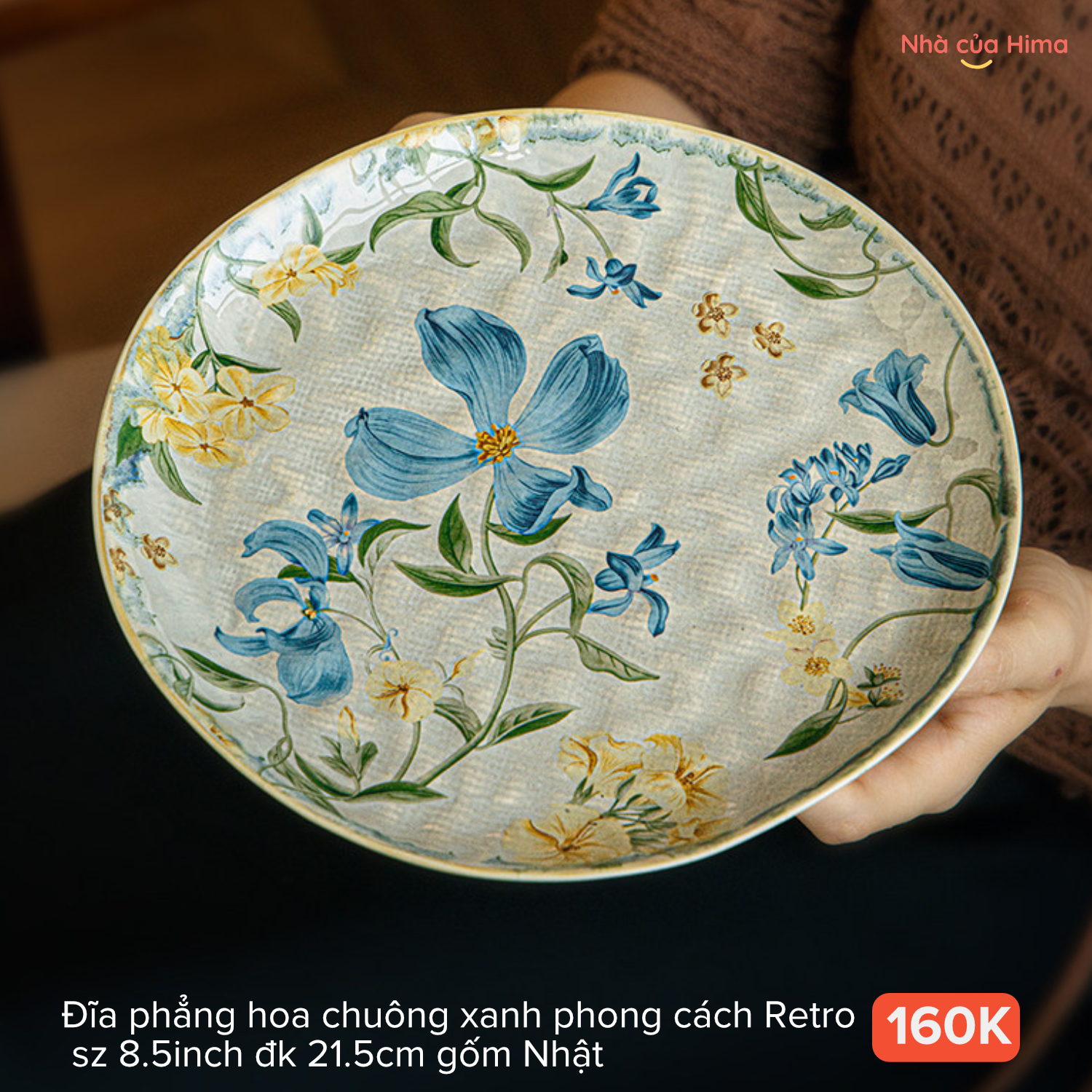 Đĩa phẳng hoa chuông xanh phong cách Retro sz 8.5inch đk 21.5cm gốm Nhật 29.P41