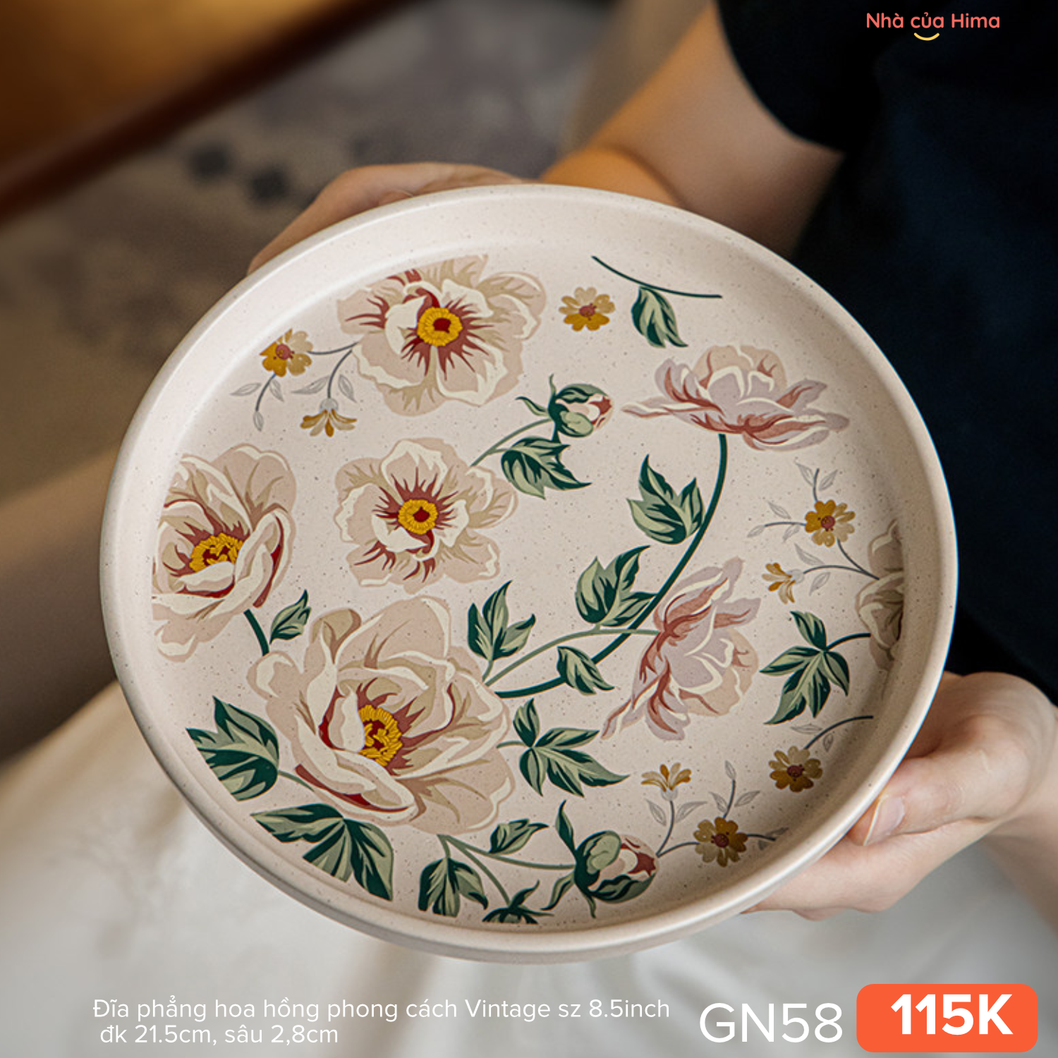 Đĩa phẳng hoa hồng phong cách Vintage sz 8.5inch đk 21.5cm, sâu 2,8cm 26.P31