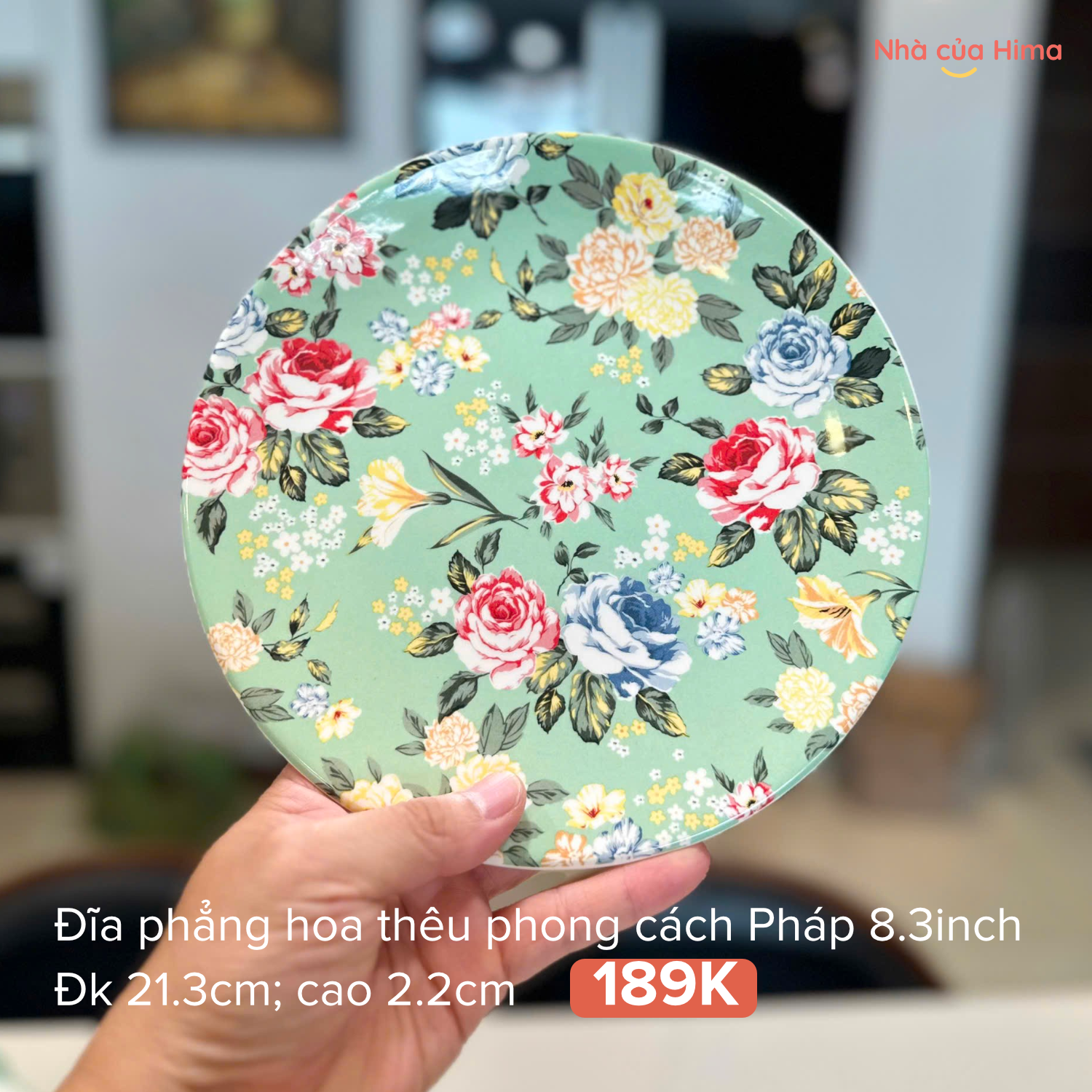 Đĩa phẳng hoa thêu OMK phong cách Pháp đk 21.3cm; cao 2.2cm