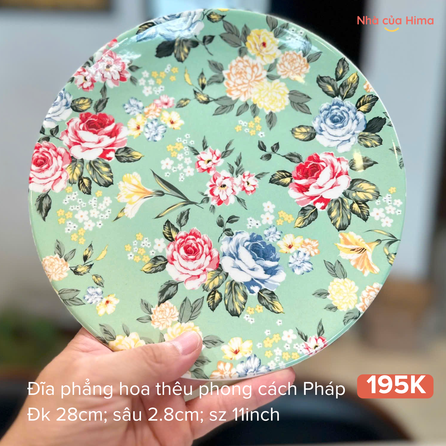 Đĩa phẳng hoa thêu OMK phong cách Pháp size 11inch đk 28cm; cao 2.8cm