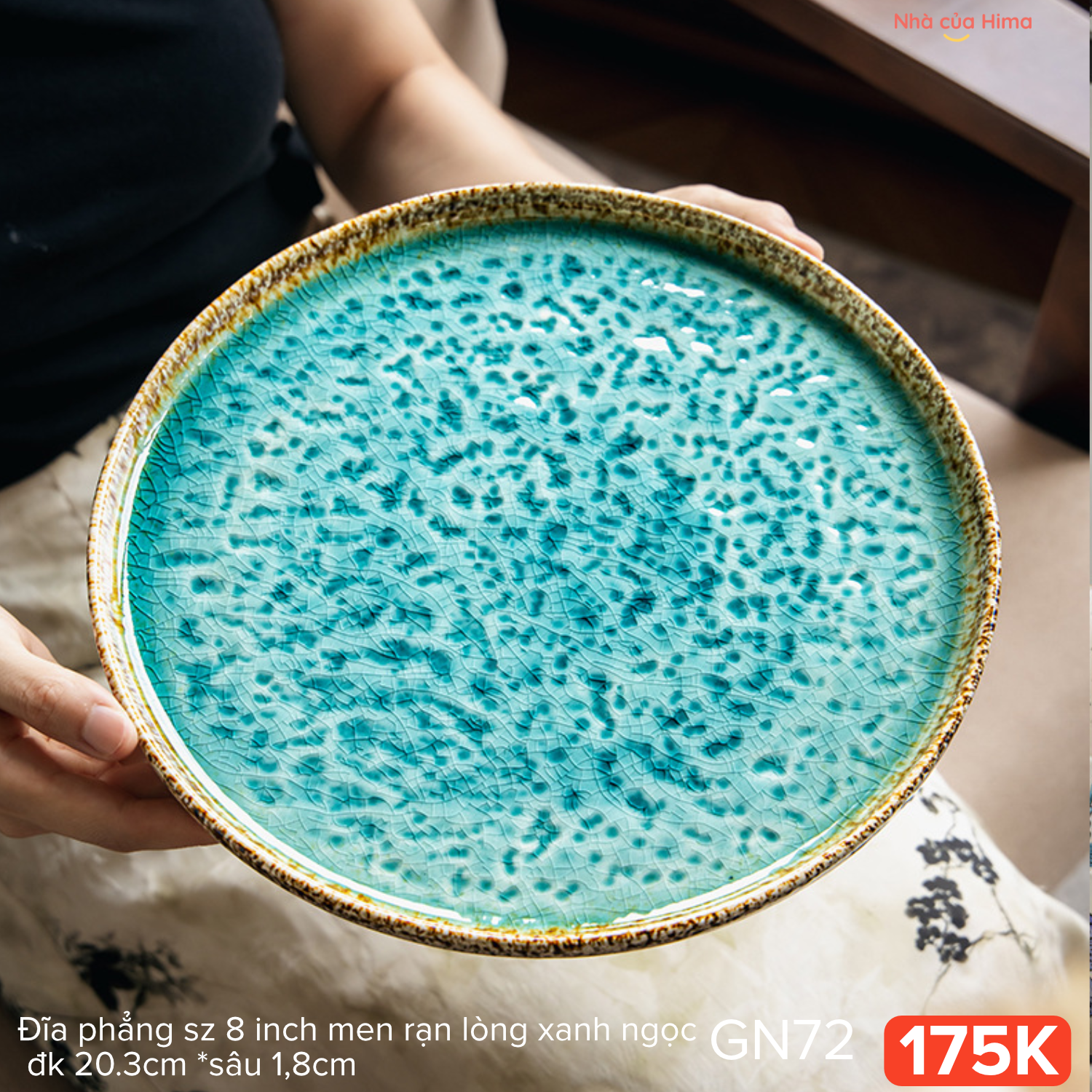 Đĩa phẳng sz 8 inch men rạn lòng xanh ngọc đk 20.3cm *sâu 1,8cm 05.P35