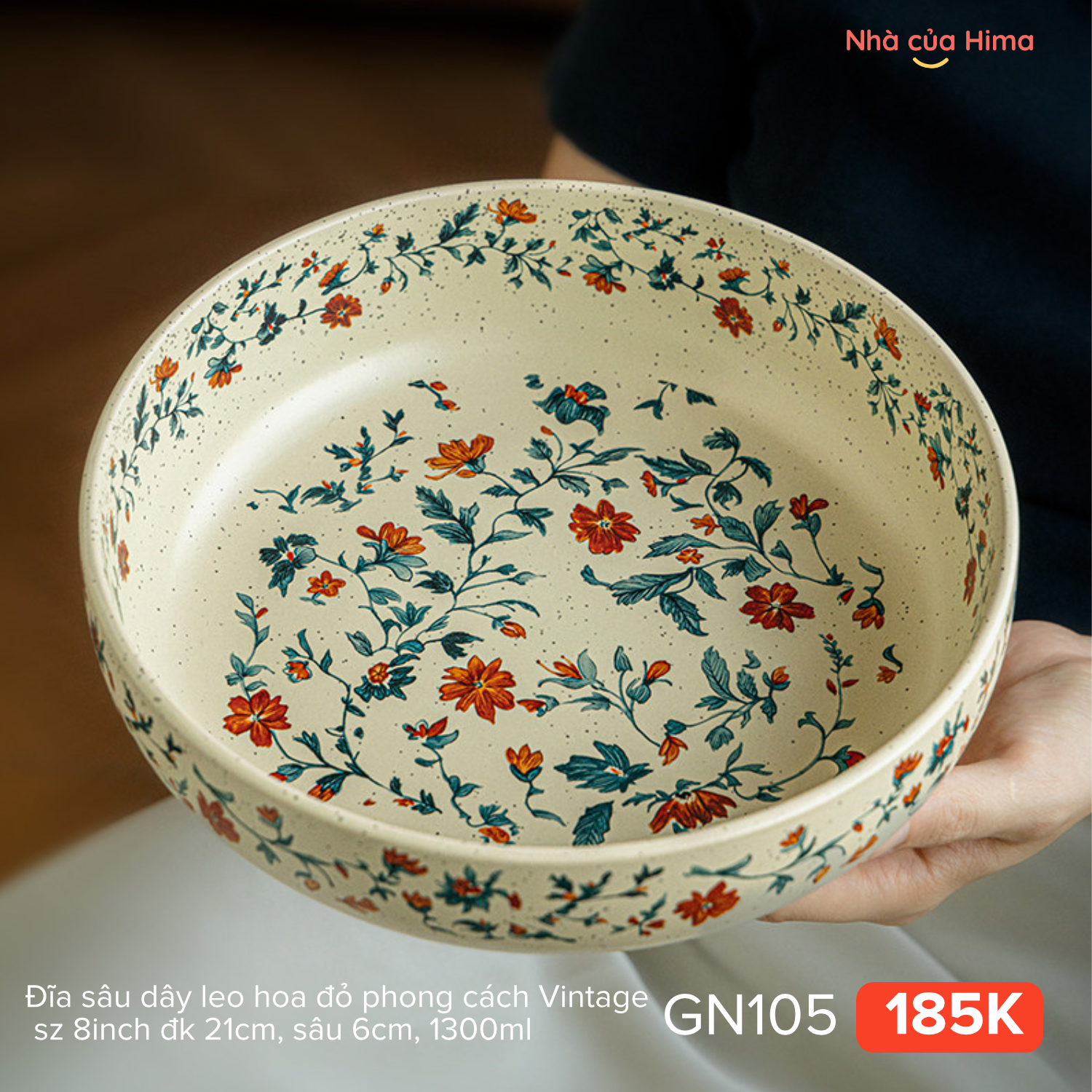 Đĩa sâu dây leo hoa đỏ phong cách Vintage sz 8inch đk 21cm, sâu 6cm, 1300ml 30.W13