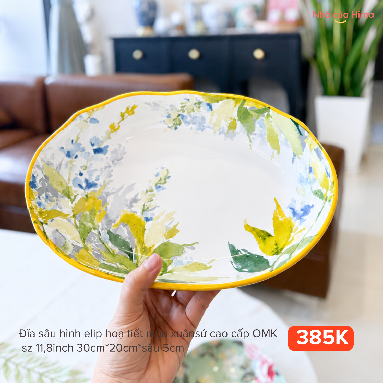 Đĩa sâu hình elip hoạ tiết mùa xuân sứ cao cấp OMK sz 11,8inch 30cm*20cm*sâu 5cm