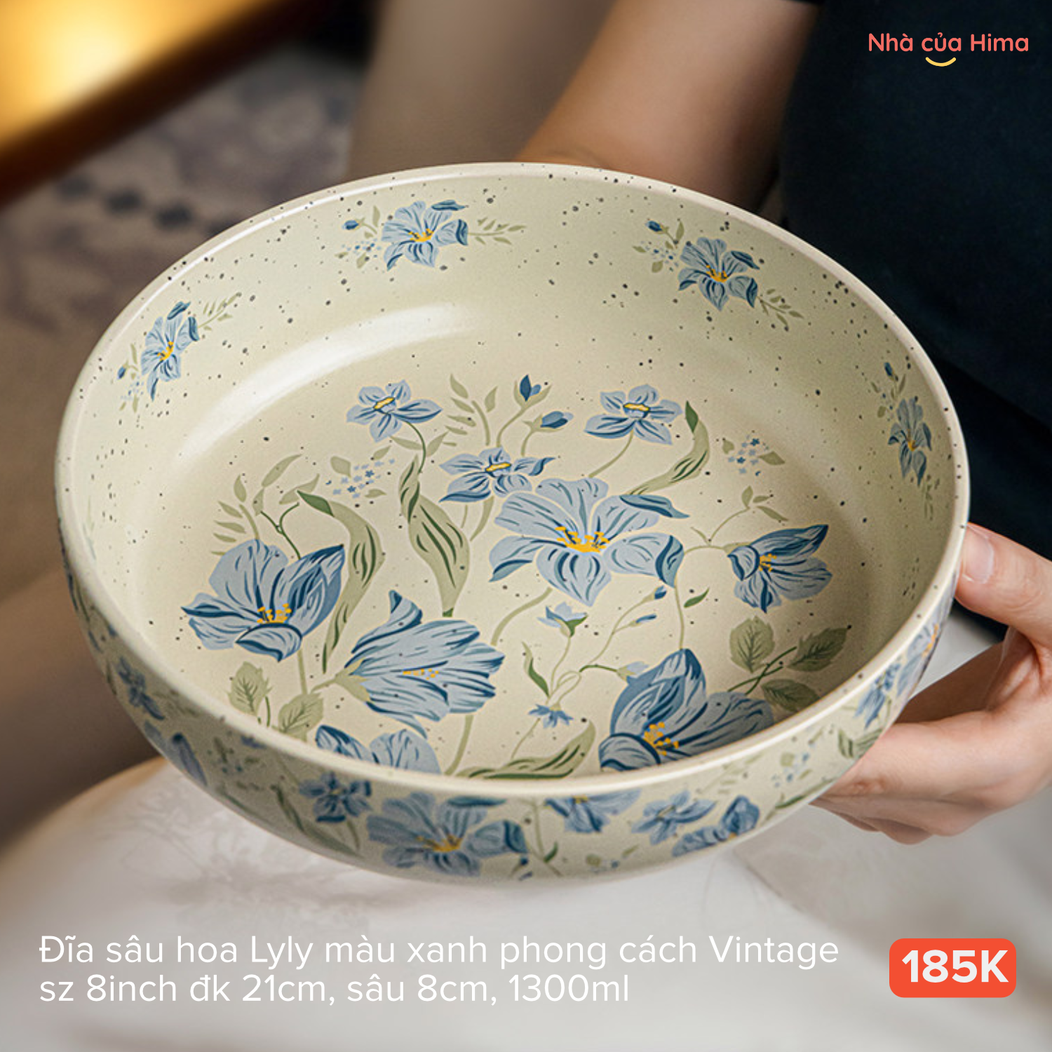 Đĩa sâu hoa Lyly màu xanh phong cách Vintage sz 8inch đk 21cm, sâu 8cm, 1300ml 26.W15