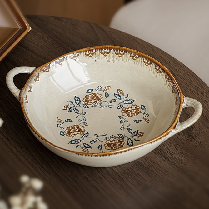 Đĩa sâu hoa mẫu đơn có tay cầm gốm Nhật đk 19,5cm, cao 6,1cm; 770ml