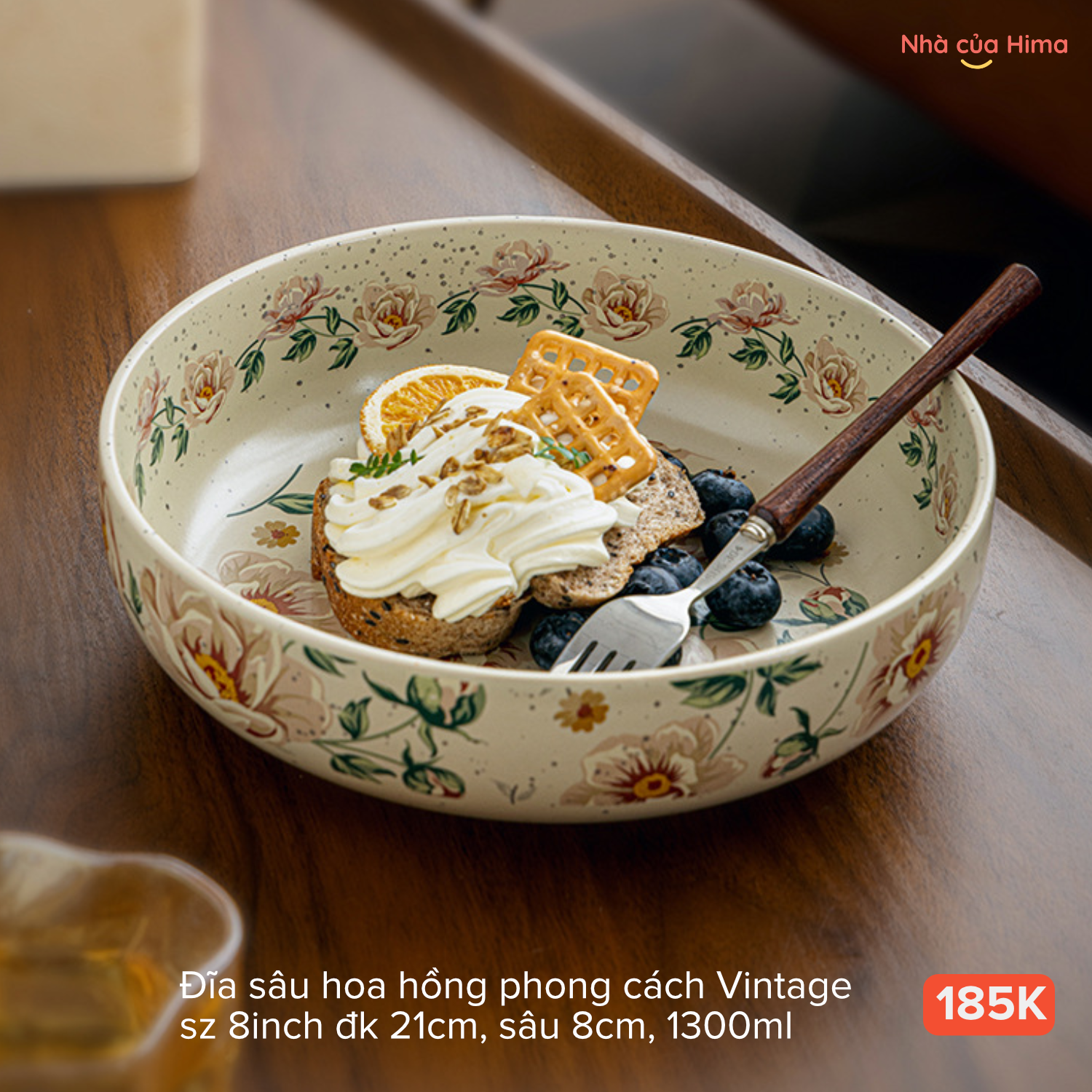 Đĩa sâu hoa hồng phong cách Vintage sz 8inch đk 21cm, sâu 8cm, 1300ml 28.W13